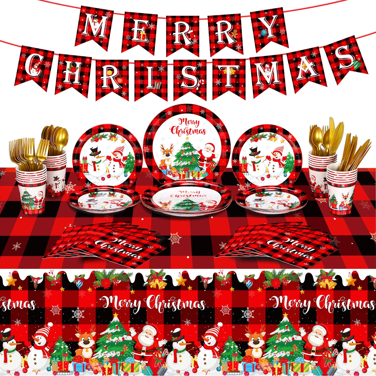 173 Pieces Christmas Party Supplies Buffalo Christmas Paper Plates and Napkins Disposable Xmas Tableware Set Merry Christmas Plaid Tablecloths Banner for Christmas Holiday Party Decor Serves 24 Guests