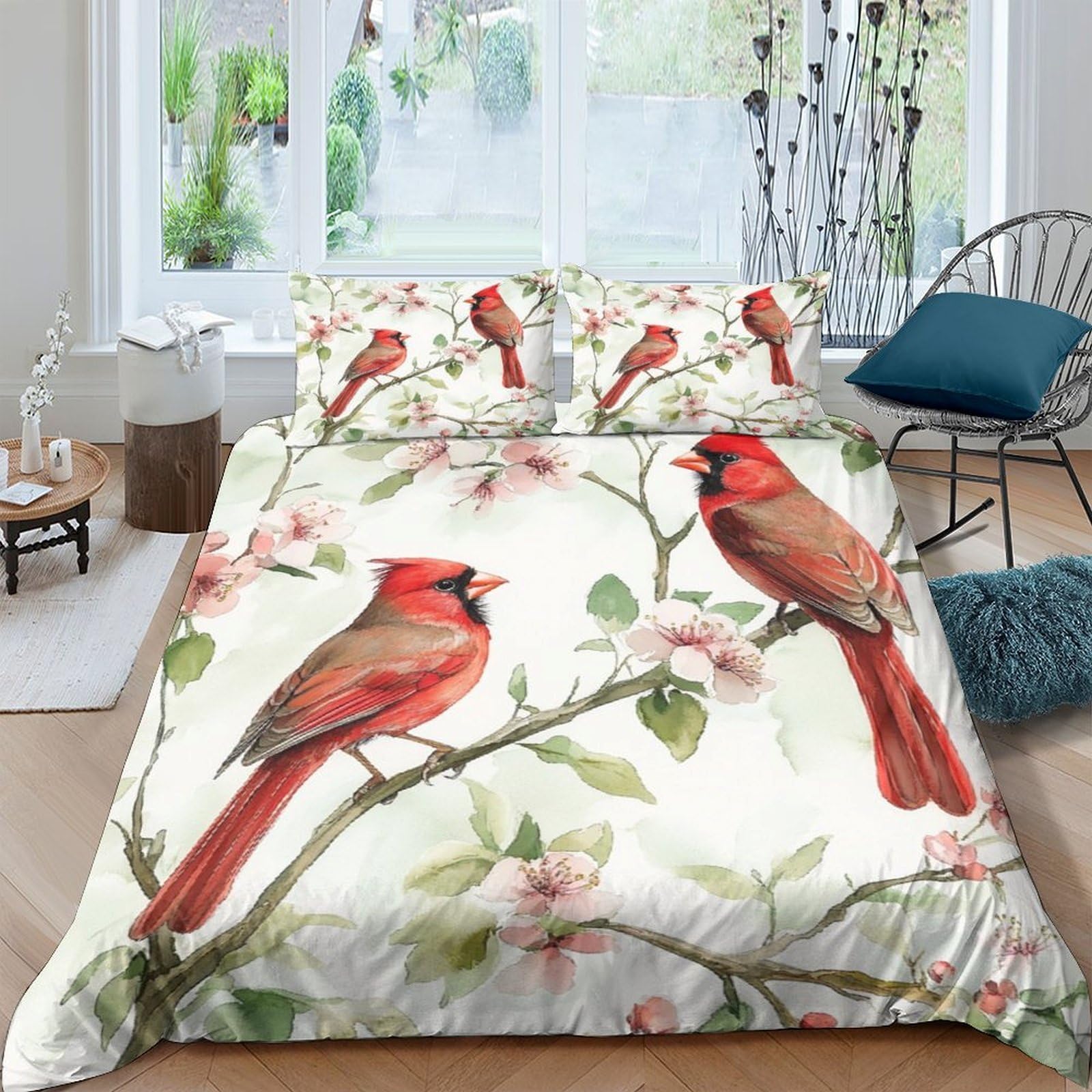 Ctjqhvkz Style-6 3D Printed Red Cardinal Bird Fitted Sheet Microfiber Soft Floral Branch Mattress Cover Anti-Slip Bedroom Decor For Home Guest Room Single（135X200cm）