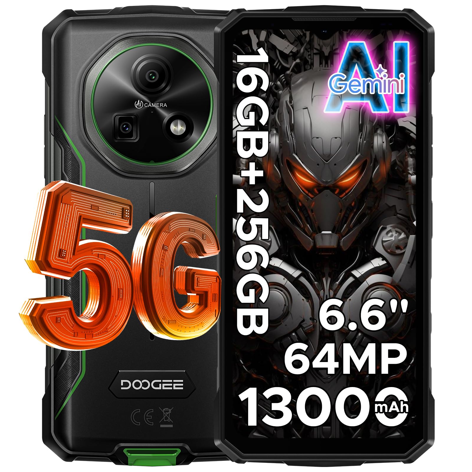 DOOGEE Fire 7 Rugged Smartphone 5G Android 15, 16GB+256GB/2TB Telefono Cellulare, 13000mAh Telefono Indistruttibile, Gemini AI 64MP+16MP Rugged Phone, MTK 6300 Octa CoreDual SIM/NFC/GPS/IP68/BT5.2