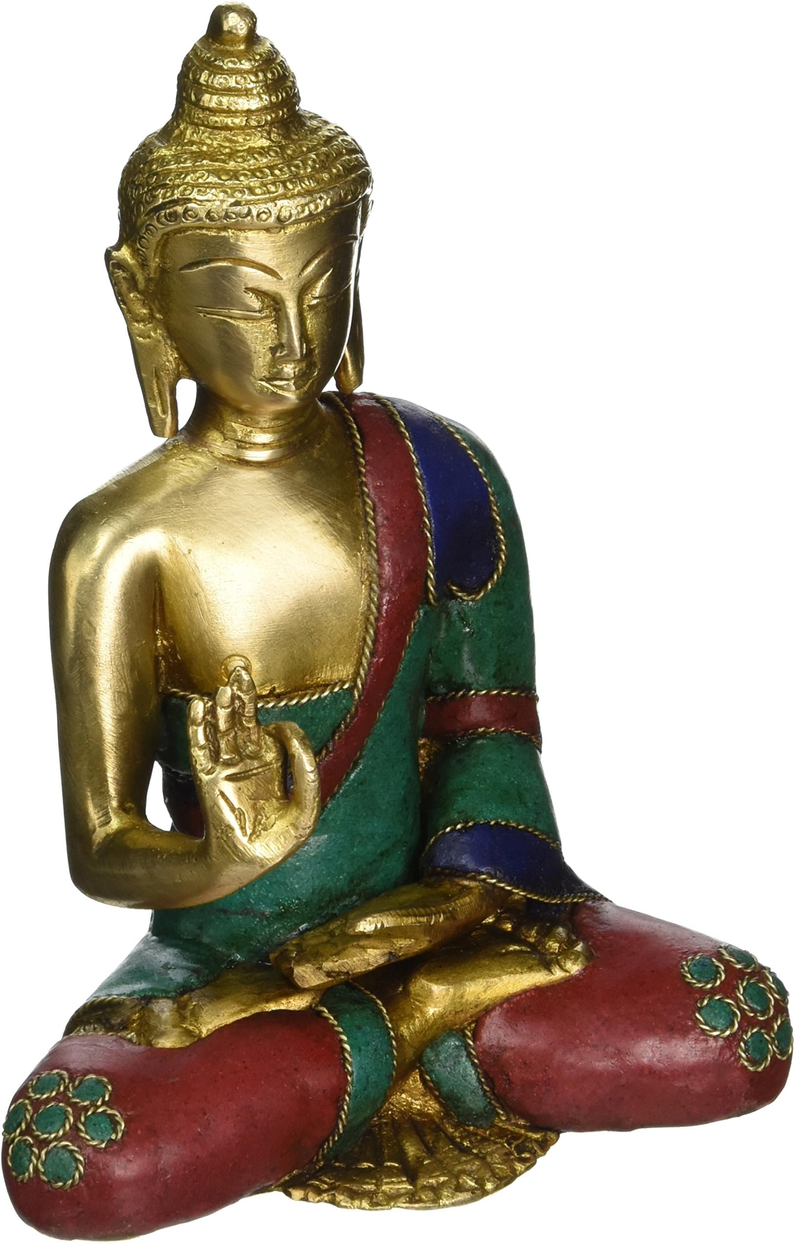 AapnoCraft Thai Blessing/Abhaya Buddha Statue Brass Handmade Shakyamuni Buddha Sculpture Bodhi with Unique Coral & Gemstone Work