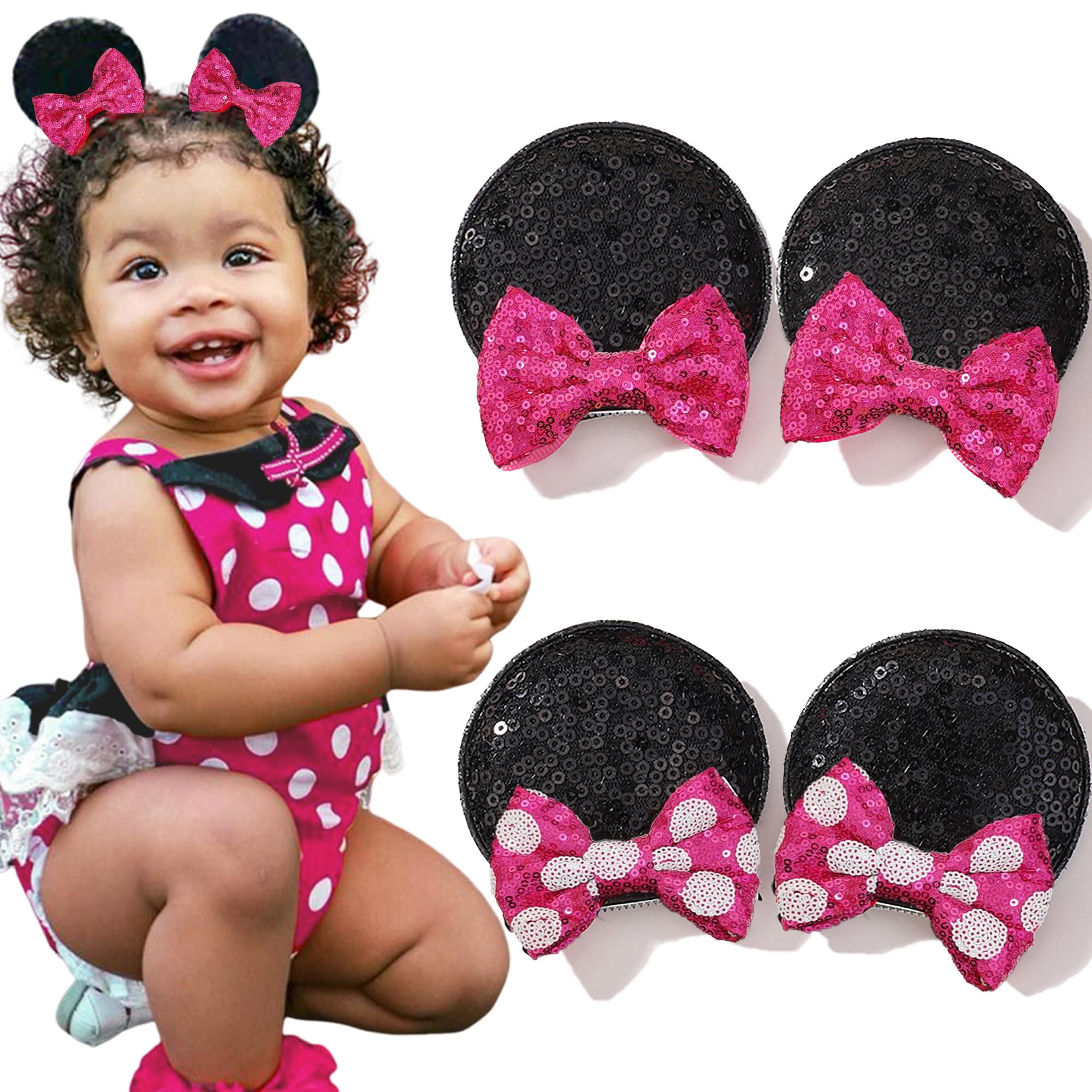 Ayesha Mouse Ears Hair Clips Mouse Ears for Toddler Girls Pink Mouse Bows Barrettes Hair Accessories for Baby Girls Toddler Kids Costume Party 4PCS