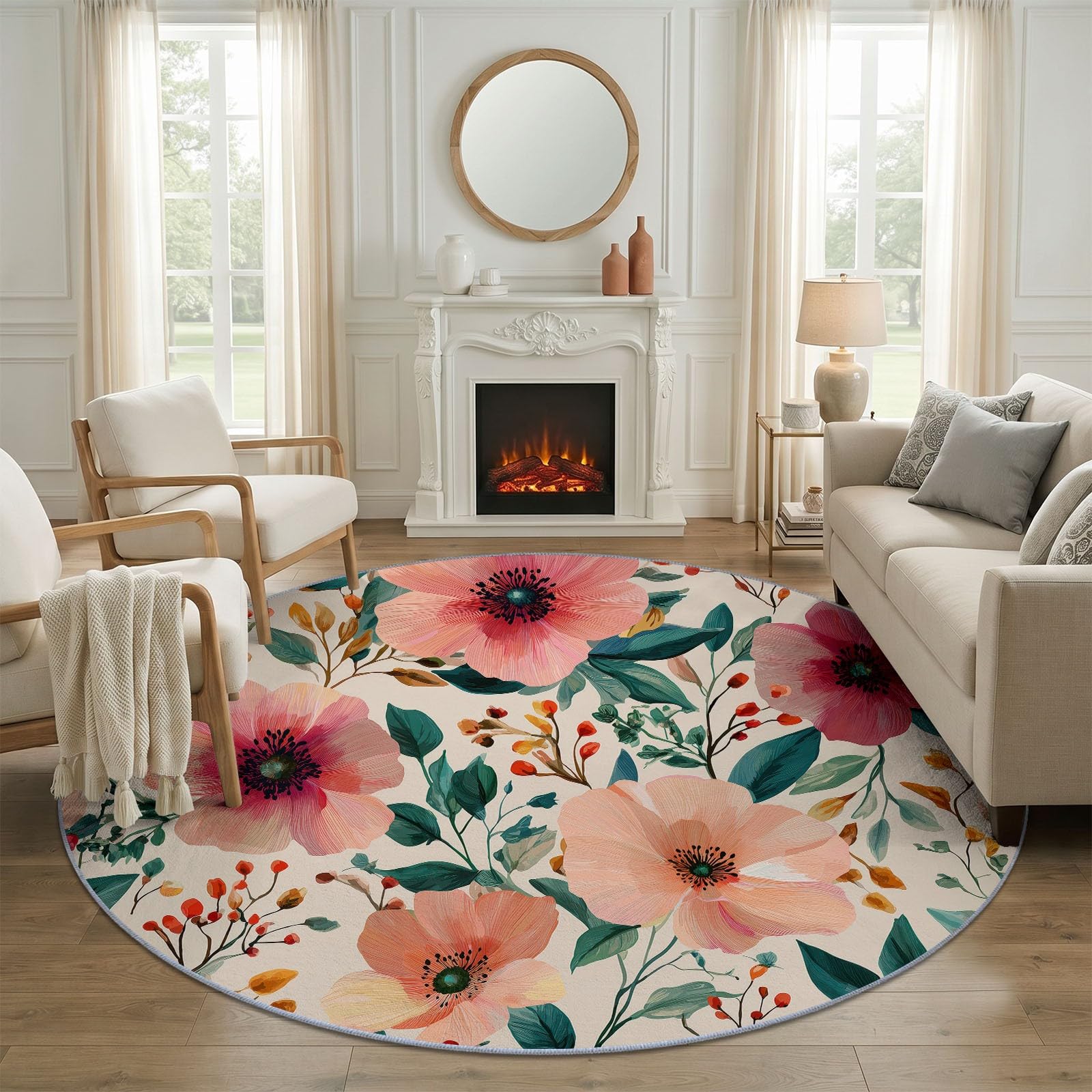 Générique Aquarelle Tapis Rond Salon 150 cm, Floral Feuilles Antidérapant Poils Courts Tapis De Sol Ronds Décoration, pour Salon Chambre Cuisine Balcon Terrasse, Beige