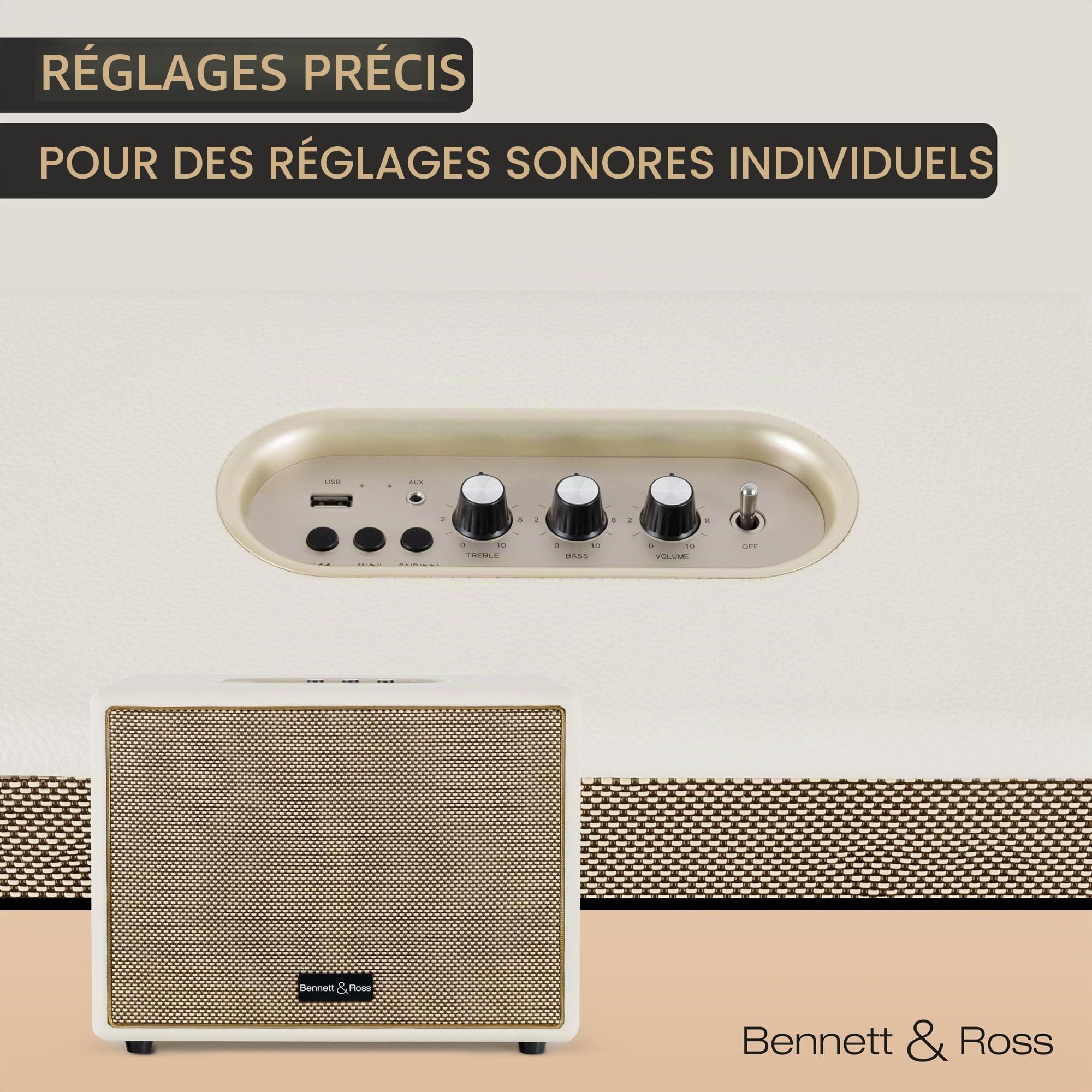 Bennett & Ross BB-880CW Blackmore Giant Haut-Parleur Bluetooth rétro en Cuir - Haut-Parleur Vintage avec 2X 40W - Speaker Entrée USB & Lecteur MP3 - Fonction stéréo True Wireless - aux - Blanc crème