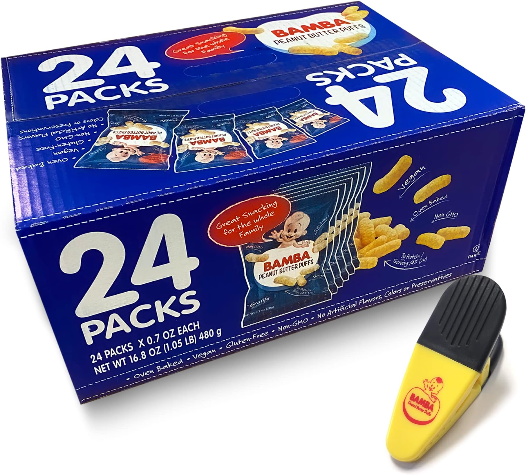 Osem Gratify Bamba Peanut Butter Snacks Bundle With Bag Clip - All Natural Peanut Butter Corn Puffs Snacks (24 ct 0.7oz bags and Bamba Bag Clip)