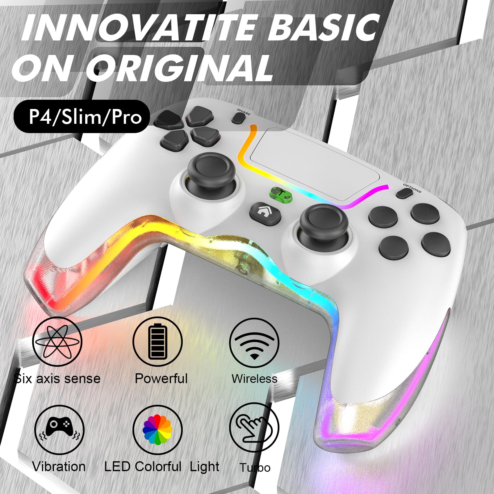 Tacilin Wireless Controller für PS4, Gamepad Joystick mit Turbo, Dual Vibration, 6-Achsen-Gyro-Sensor, RGB-Licht, 3,5-mm-Audiobuchse kompatibel mit PS4/Slim/Pro