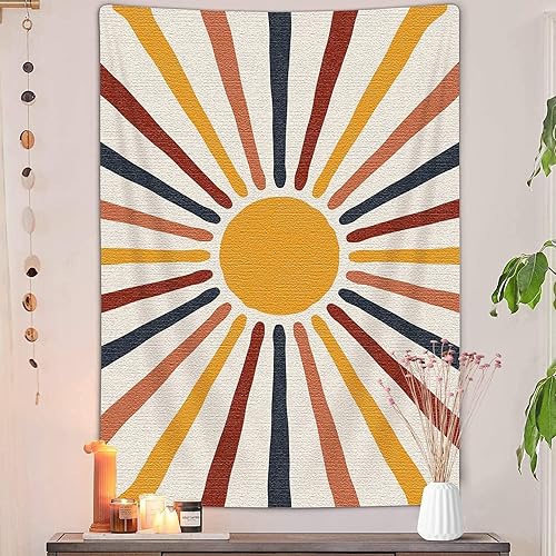 Tapiz vertical bohemio de sol y luna, tapiz estético abstracto vintage de arco iris para colgar en la pared para dormitorio, tapiz retro de los años