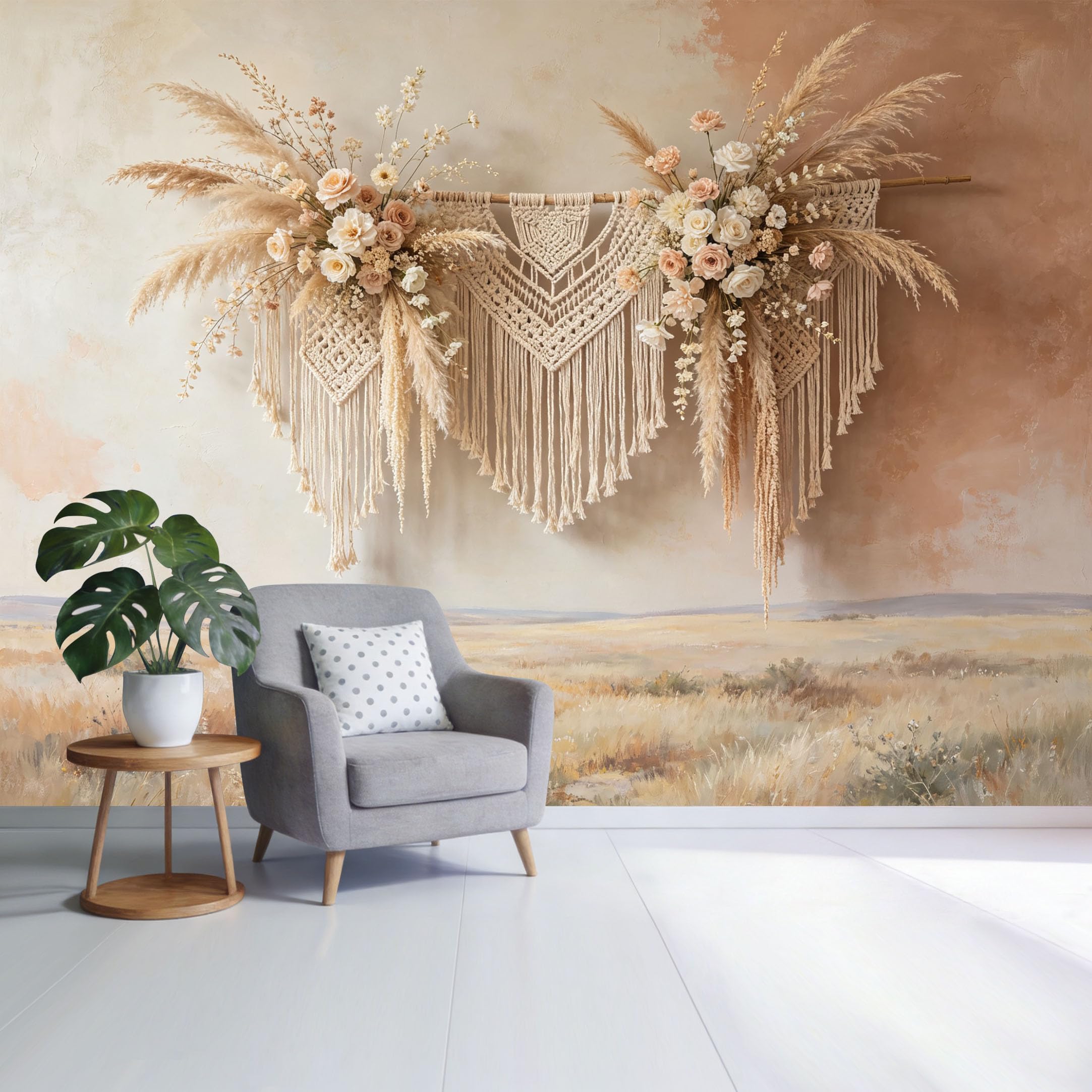 Custom Size Wall Mural Boho Macrame Floral Arrangement Neutral Tones Pampas Landscape Farmhouse Style SelfAdhesive Wall Fabric Removable Wallpaper for Home Office Decor
