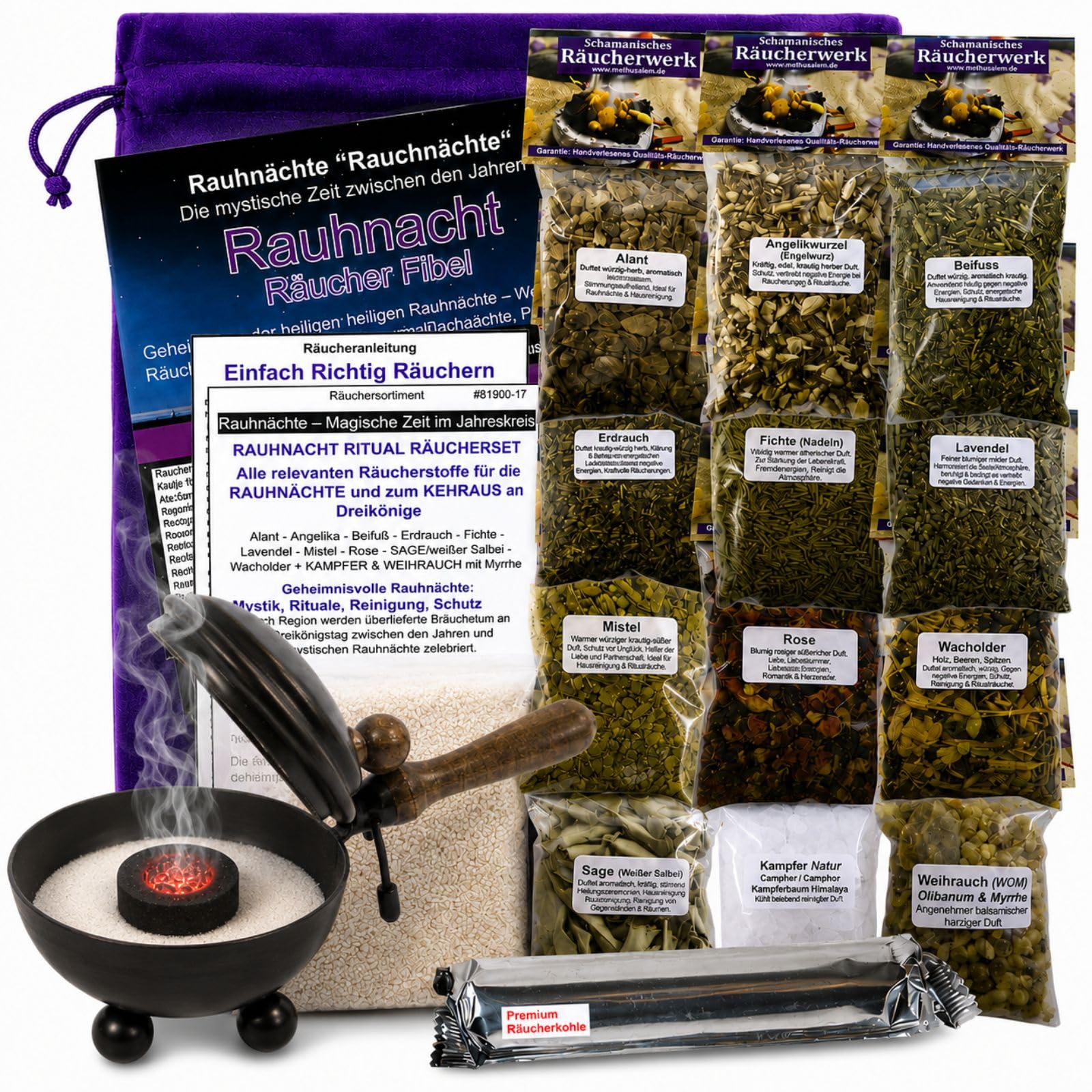 RAUHNÄCHTE räuchern 19-TLG Räucherset Rauhnacht Ritual Set 12x Räucherwerk