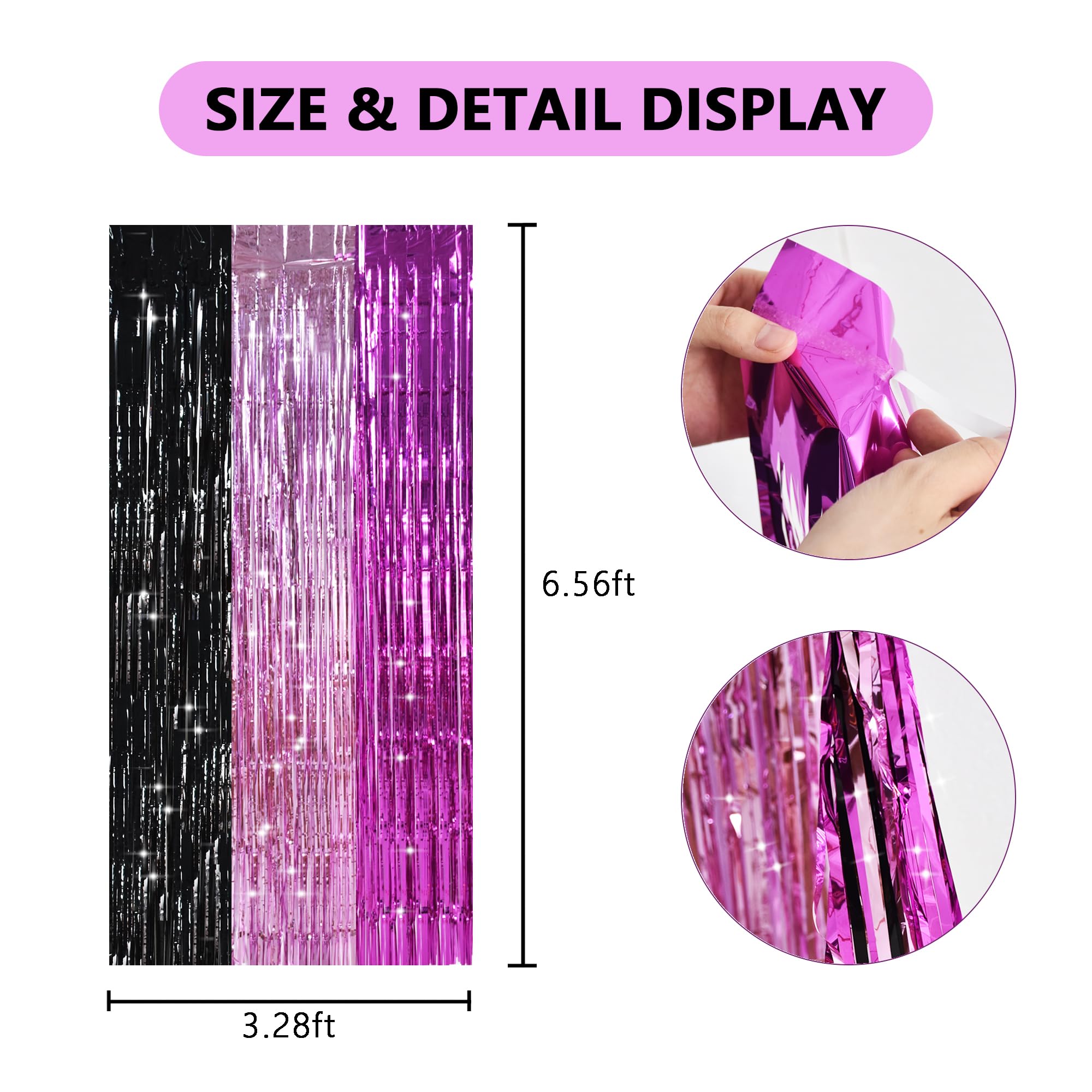 TONIFUL Black Pink Hot Pink Door Streamers,Black and Pink Photo Booth Backdrop Metallic Streamers Foil Fringe Curtain for Birthday,New Year,Graduation,Disco,Baby Shower Party Streamers Decoration