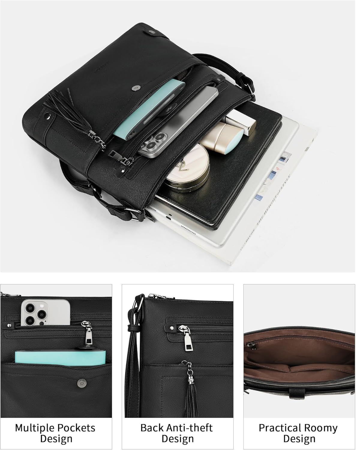 FADEON Large Crossbody Purses for Women Crossbody Bag, Designer Leather Cross Body Purses Multi Pocket Shoulder Bag - Image 2