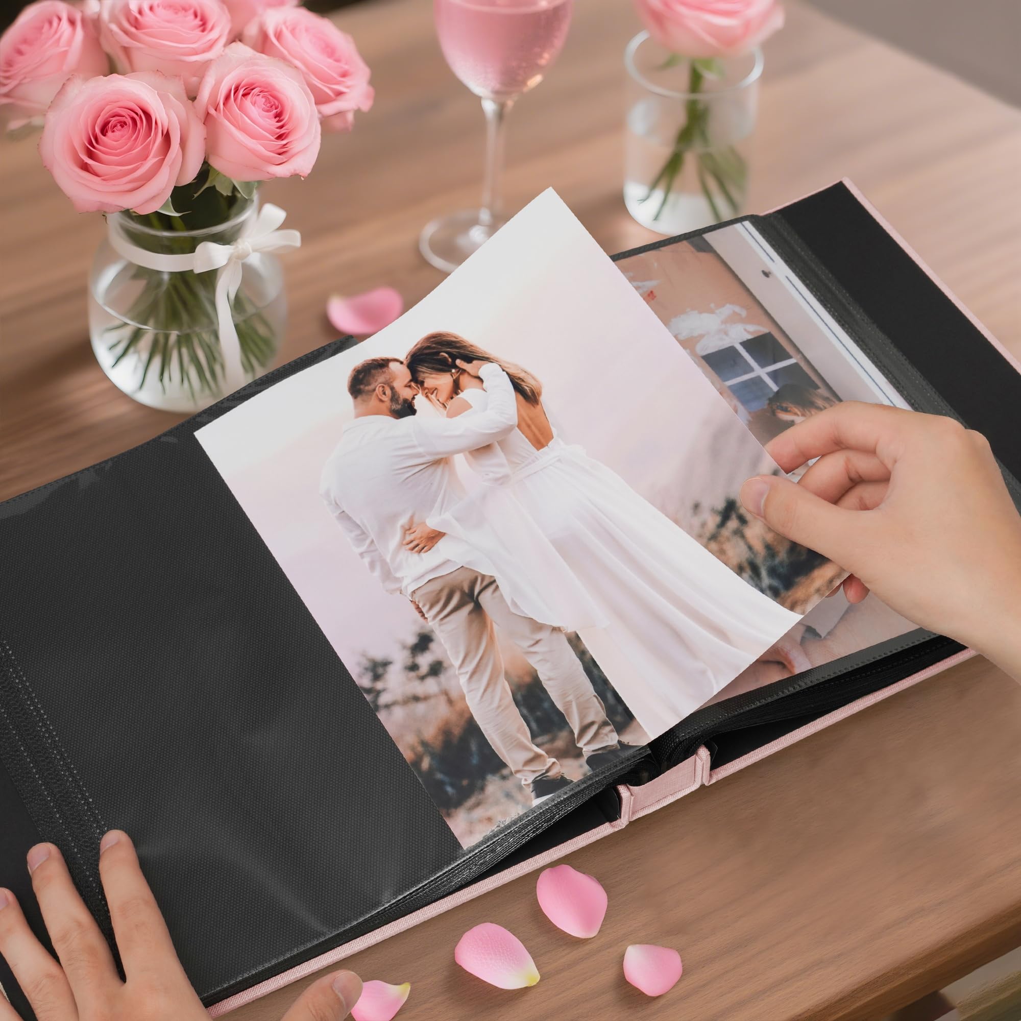 Álbum de fotos de 8 x 10 pulgadas, 100 fotos, álbum de fotos con 100 bolsillos, cubierta de tela de lino, álbum de fotos de 8 x 10 pulgadas para bodas, viajes, recuerdos familiares (rosa)