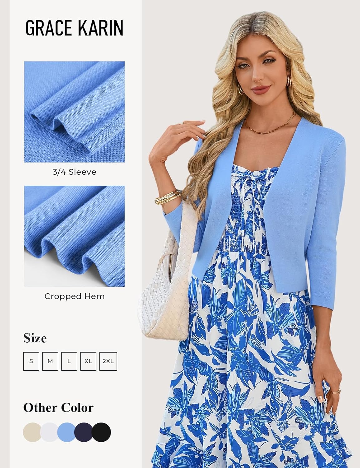 GRACE KARIN Women's 3/4 Sleeve Cropped Cardigan Sweater Lightweight Open Front Dressy Causal Shrug Spring Fashion - Image 4