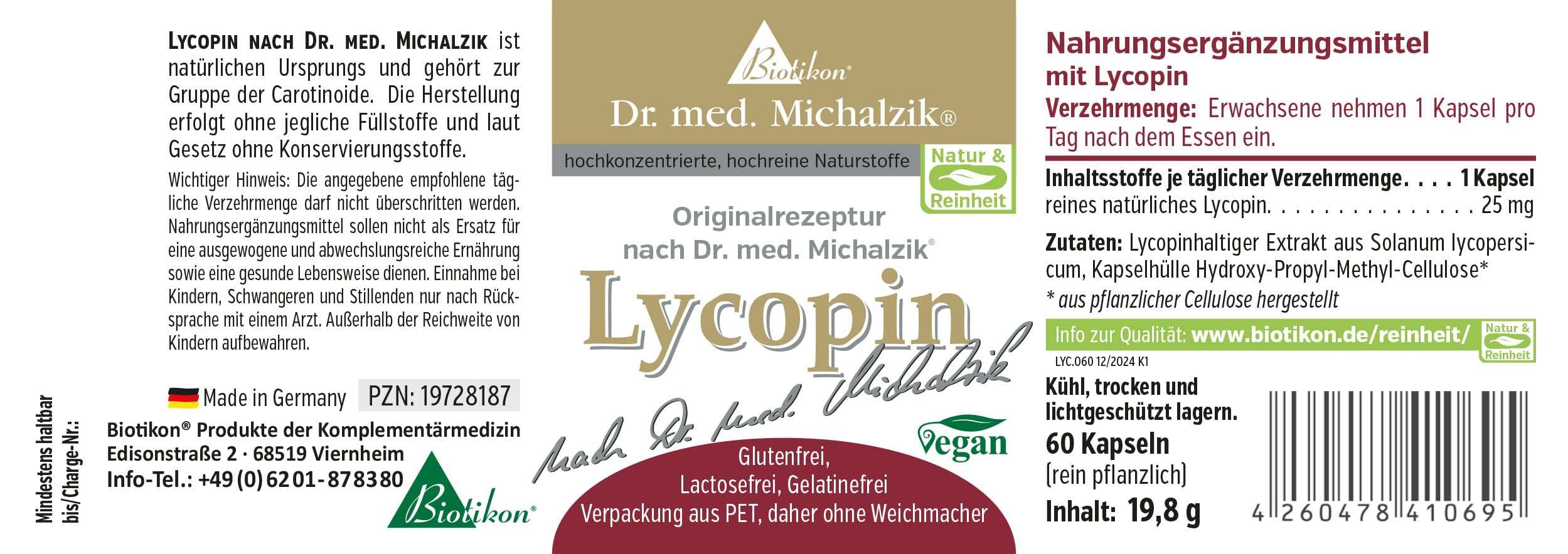Lycopin - 400 mg Carotinoid-Extrakt - nach Dr. med. Michalzik - 20mg hochdosiertes reines natürliches Lycopin pro Kapsel - ohne Zusatzstoffe - von Biotikon® (60 Kapseln)