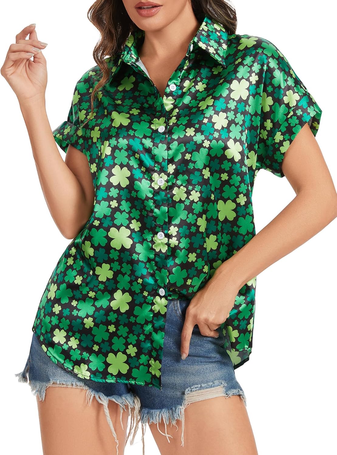 Short Sleeve Shirts for Women V Neck Cuffed Sleeved Collared Button Down Shirt Casu...