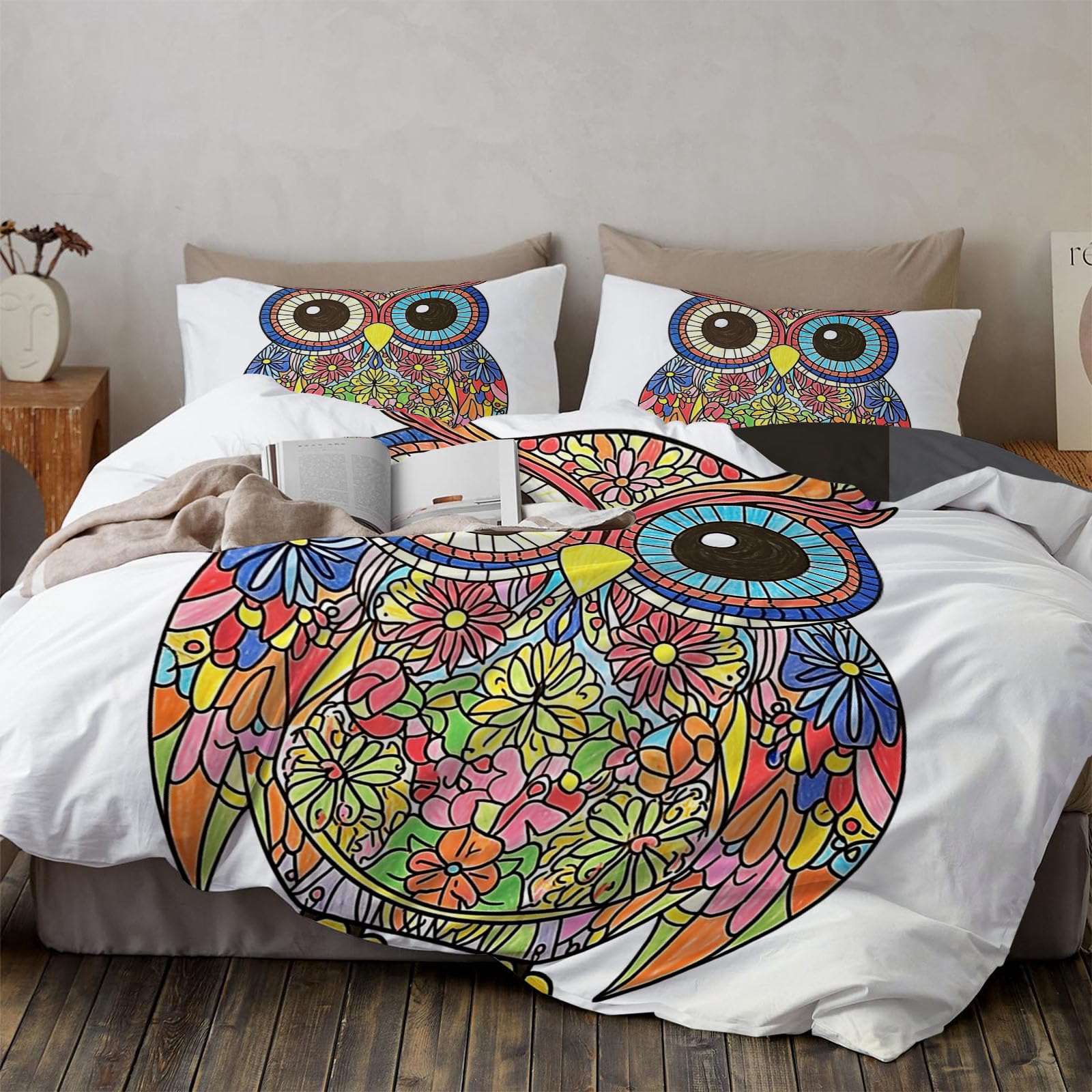 Housse de couette chouette blanche en microfibre confortable pour literie sans repassage 220x240