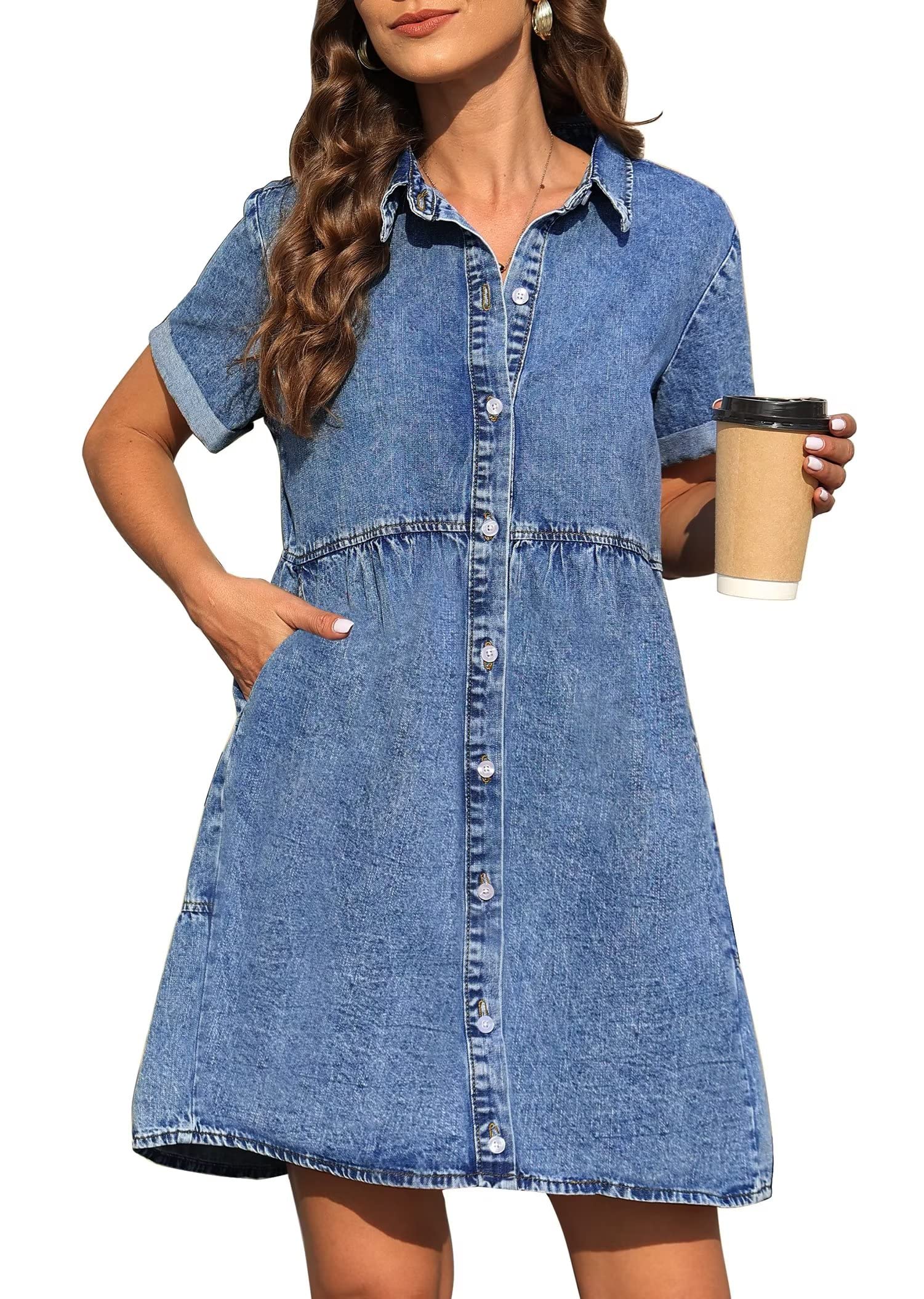 KDF Denim Dress for Women with Pockets Short Sleeve Babydoll Denim Shirt Dresses for Women 2025