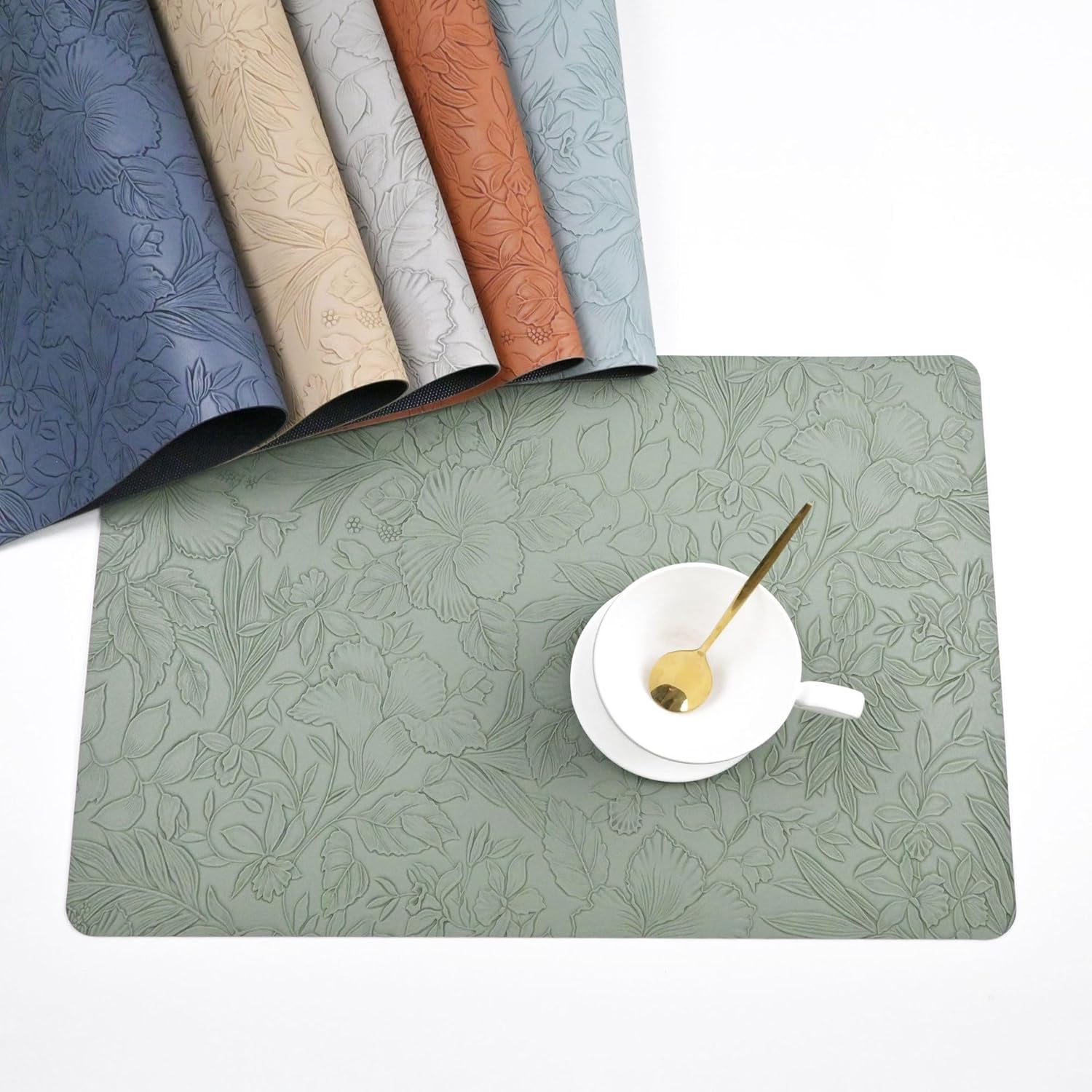 Floral Leather Placemats Non-Slip Western Heat Insulation Table Mats Coasters Home Hotel