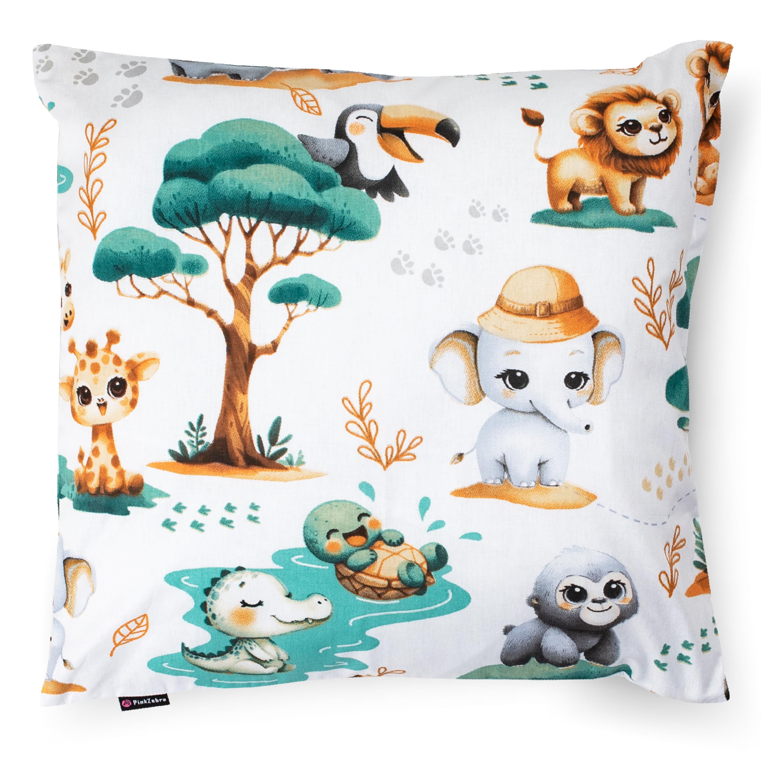 PinkZebra 40 x 40 cm Kopfkissenbezug, Kissenbezug aus 100% Baumwolle, Kissenhülle, Öko-tex Standard 100, Kinderbezüge mit Reißverschluss, Safari 2