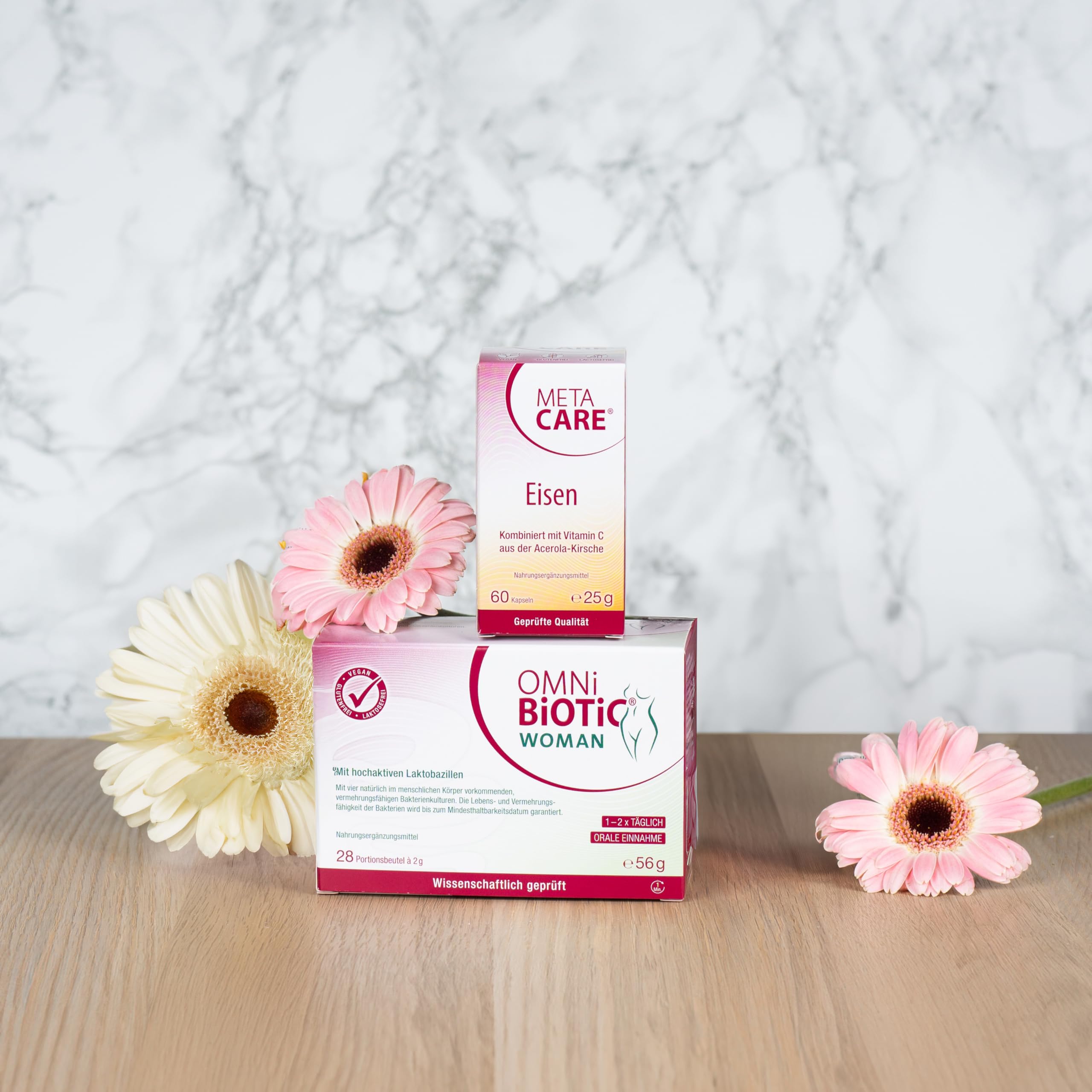 Paket aus OMNi BiOTiC WOMAN, 28 Portionen + META CARE Eisen, 60 Kapseln, Ganzheitliches Vitalpaket für Frauen in jeder Lebensphase, Vegan