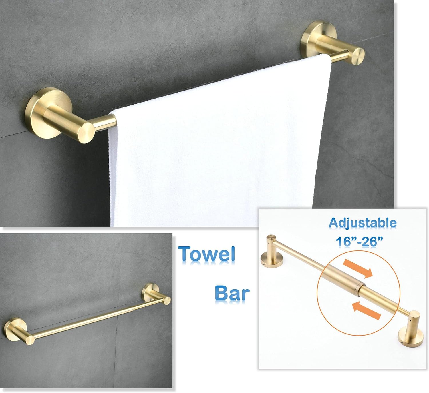 SHUNLI 5 Pieces Bathroom Accessories Hardware Set (Adjustable Towel Bar 16 to 26 Inch, Toilet Paper Holder, Towel Ring, 2PCS Hook) Brushed Gold Wall Mounted Bath Fixtures Set, SUS304 Stainless Steel