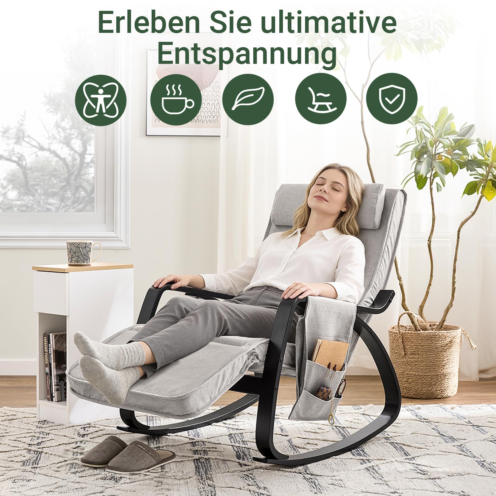 SoBuy Schaukelstuhl mit Polster, Schaukelsessel mit Kopfstütze und Verstellbarer Fußstütze, relaxsessel mit Seitentasche - Grau FST20-HG