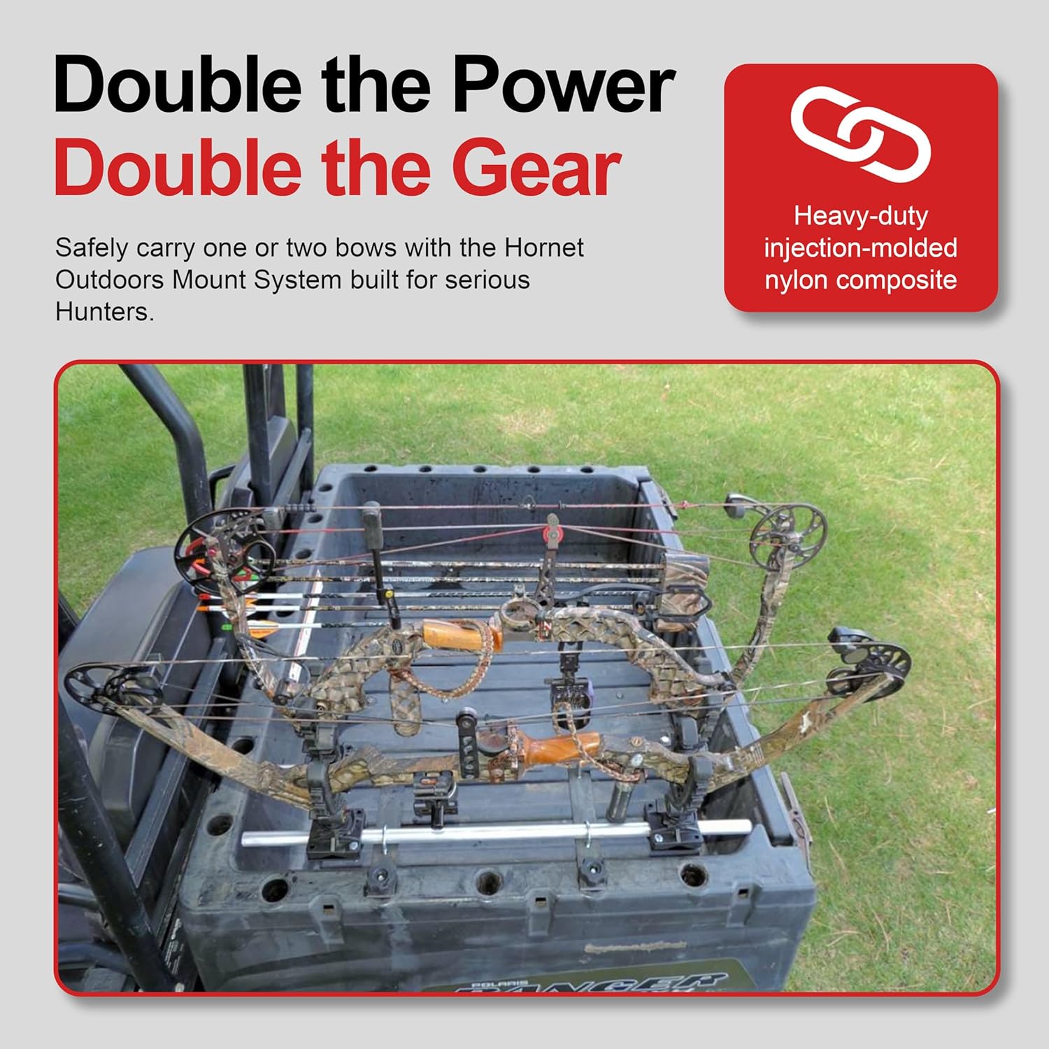 Gun and Bow Rack for Polaris Ranger and General Hornet Outdoors R-3028 S Adjustable Steel UTV Mount with Twist-Lock Anchors Y Grips Tool Free Installation Holds Firearms, Bows & Long Tools Made in USA