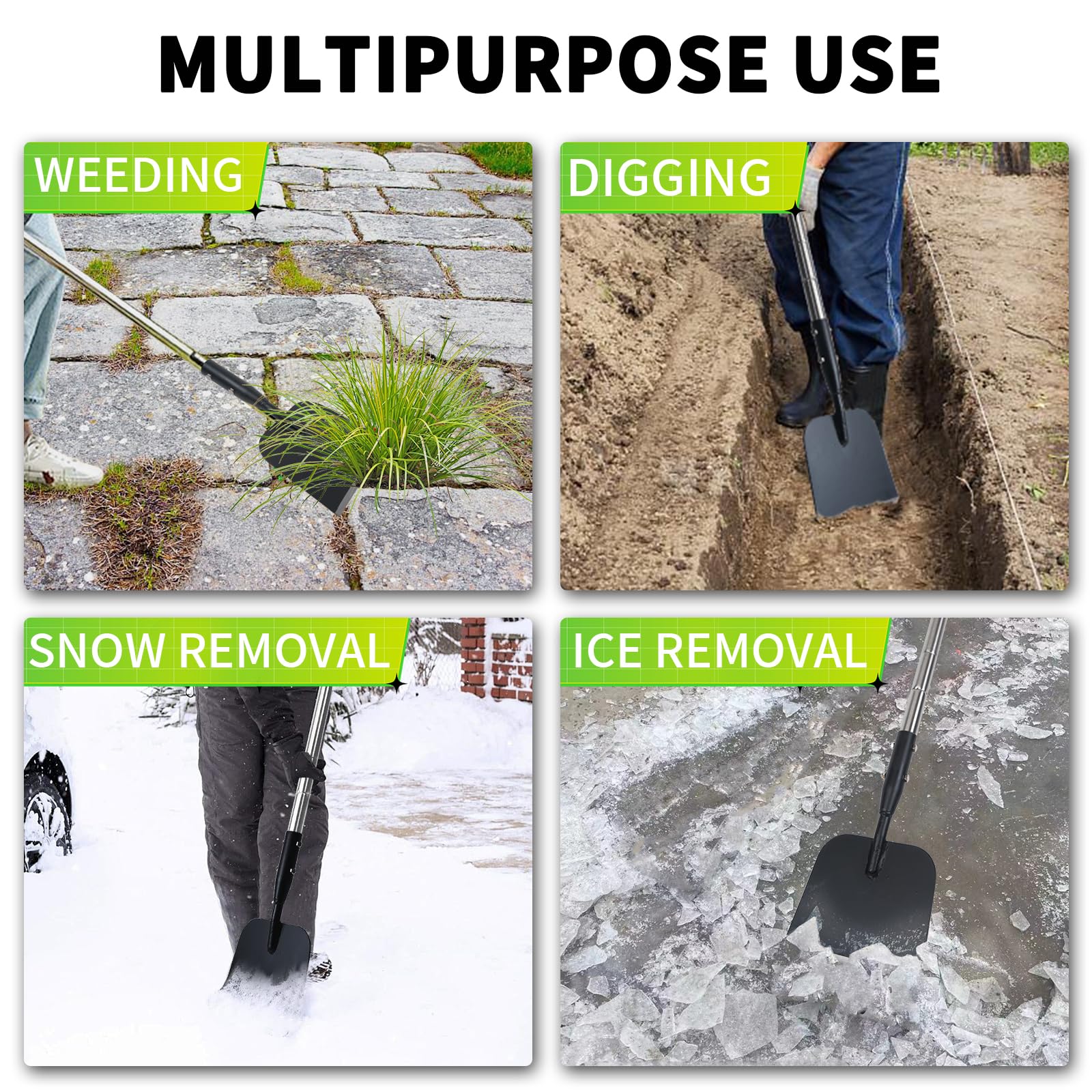 BARAYSTUS Pala piatta con manico regolabile, raschietto da pavimento da 150 cm, raschietto per ghiaccio, raschietto per la pulizia del giardino, tritaghiaccio, pala da neve, strumento multifunzionale