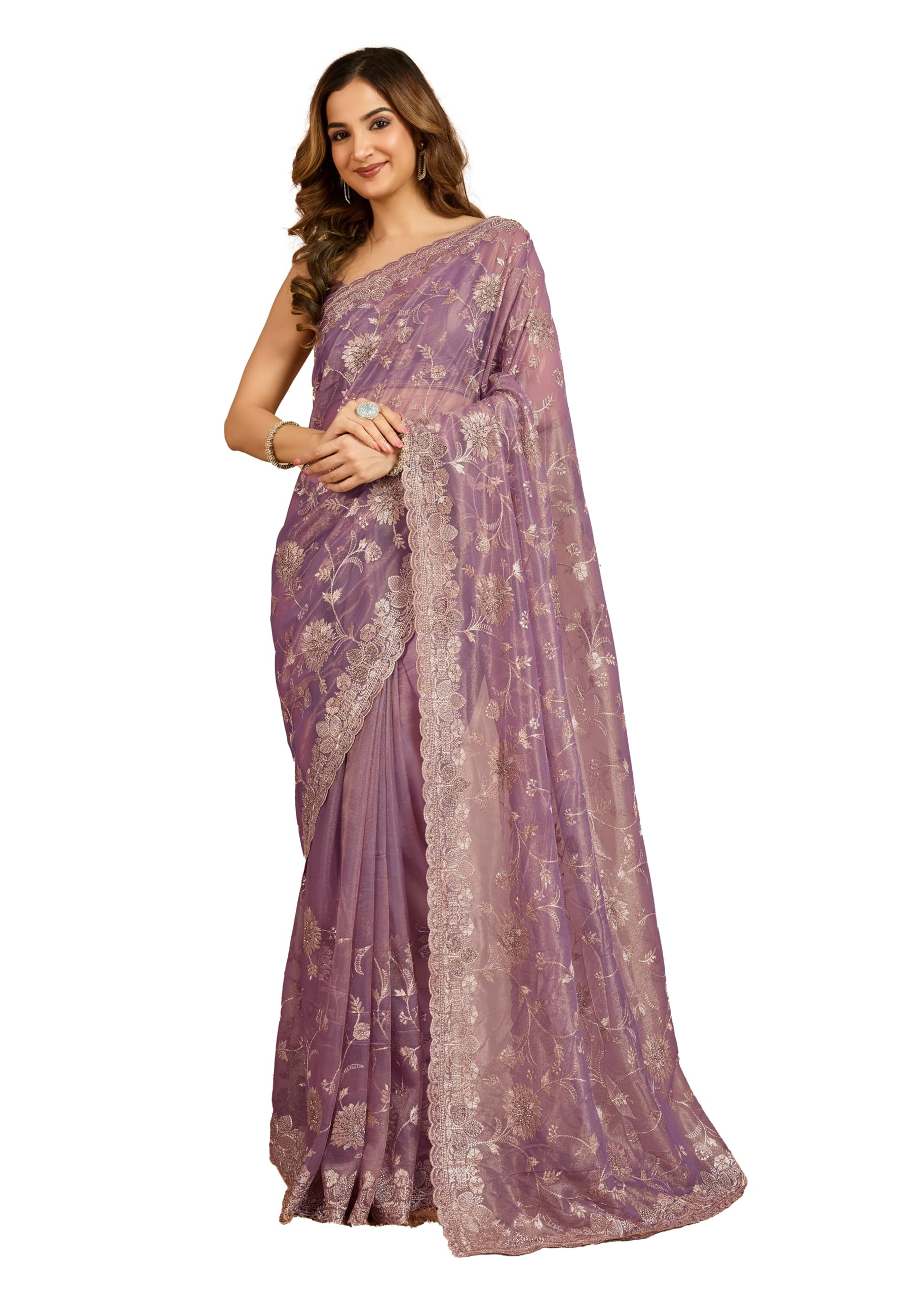 trendmalls Women's Soft Net Embroidery work Saree with Unstitched Blouse Piece (K1218-LightPurple)-picture-24