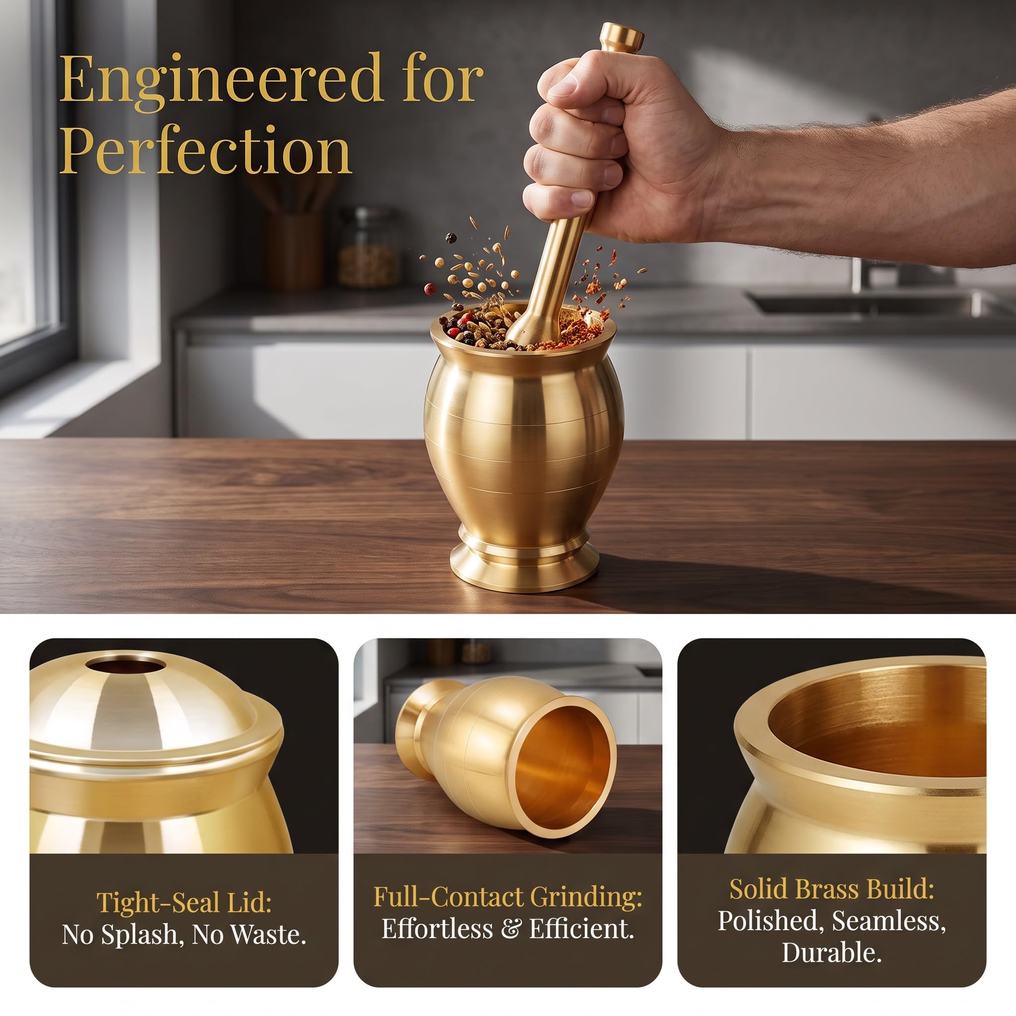 Mörser- Und Stößel-set Aus Messing, Manuelle Mühle, Mörser Und Stößel Mit Deckel, Gleichmäßiges Mahlen Ohne Ecken Und Kanten, Robust, Massiv Und Poliert, Für Gewürze, Knoblauch, Nüsse
