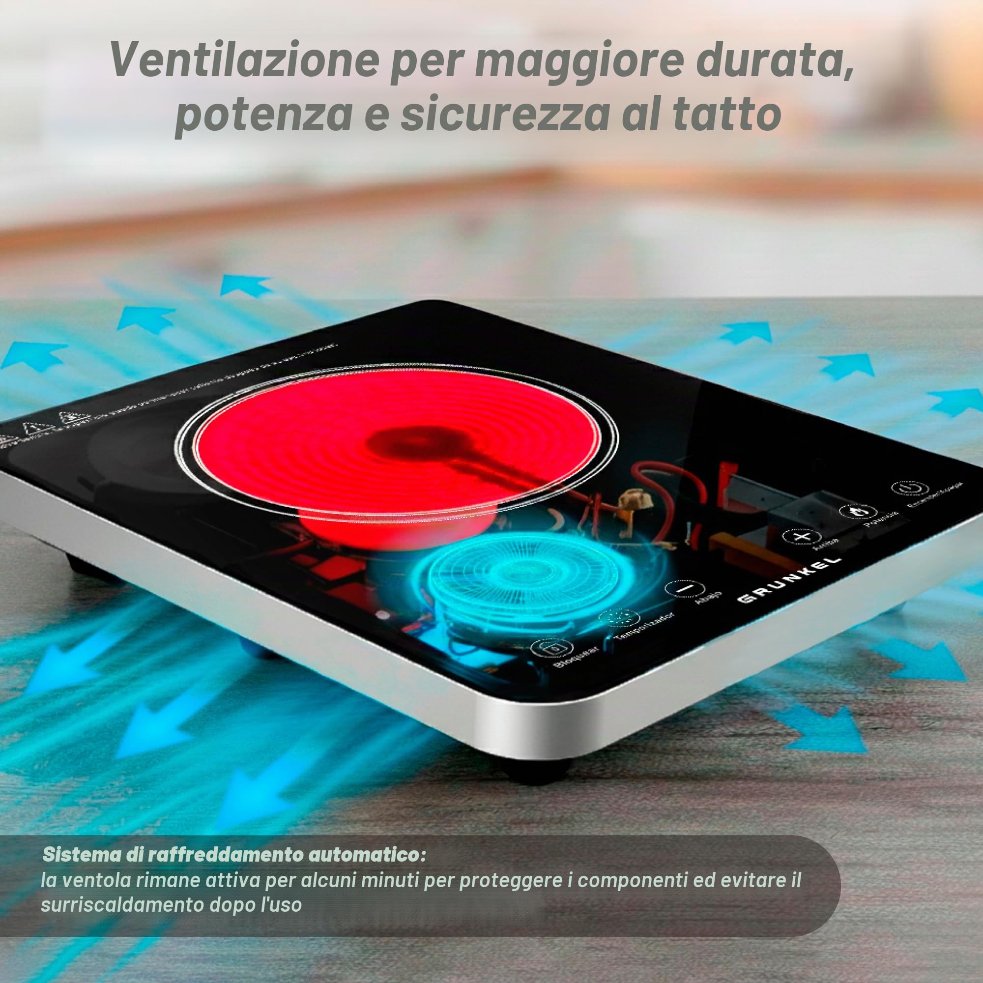 GRUNKEL IFR-2000 e 2000 W, 8 livelli, 29 x 37 cm, controllo touch, timer. Facile da pulire con superficie in vetro.