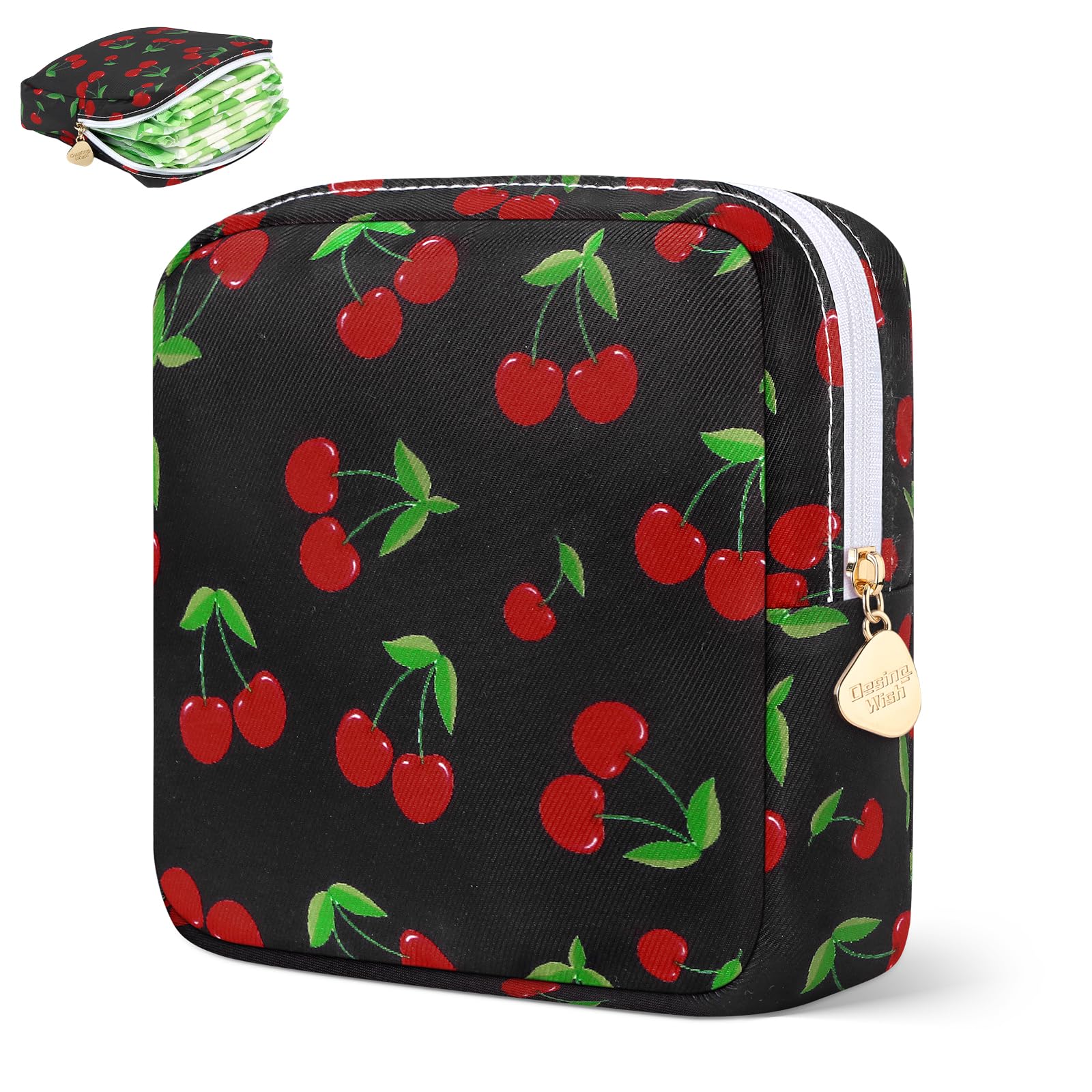 Sanitary Pad Storage Bag Portable Period Bag for Teen Pads/Sanitary Napkins/Small Tampons, Sanitary Napkin Storage Bag First Period Gifts for Teen Girls (Red Cherries)