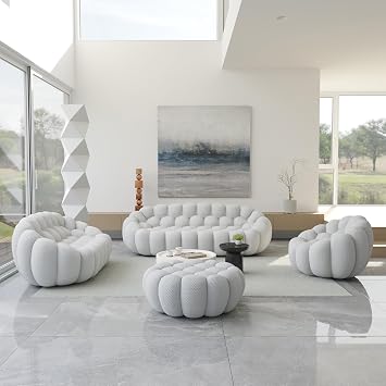 JACH Bubble Sofa Curved Couch Set, Comfy Upholstered Sofa, Mesh Fabric 3D Honeycomb Shape Modern Couches for Living Room, Apartment (Light Grey, 1 Seater, 2 Seater, 3 Seater, Ottoman)