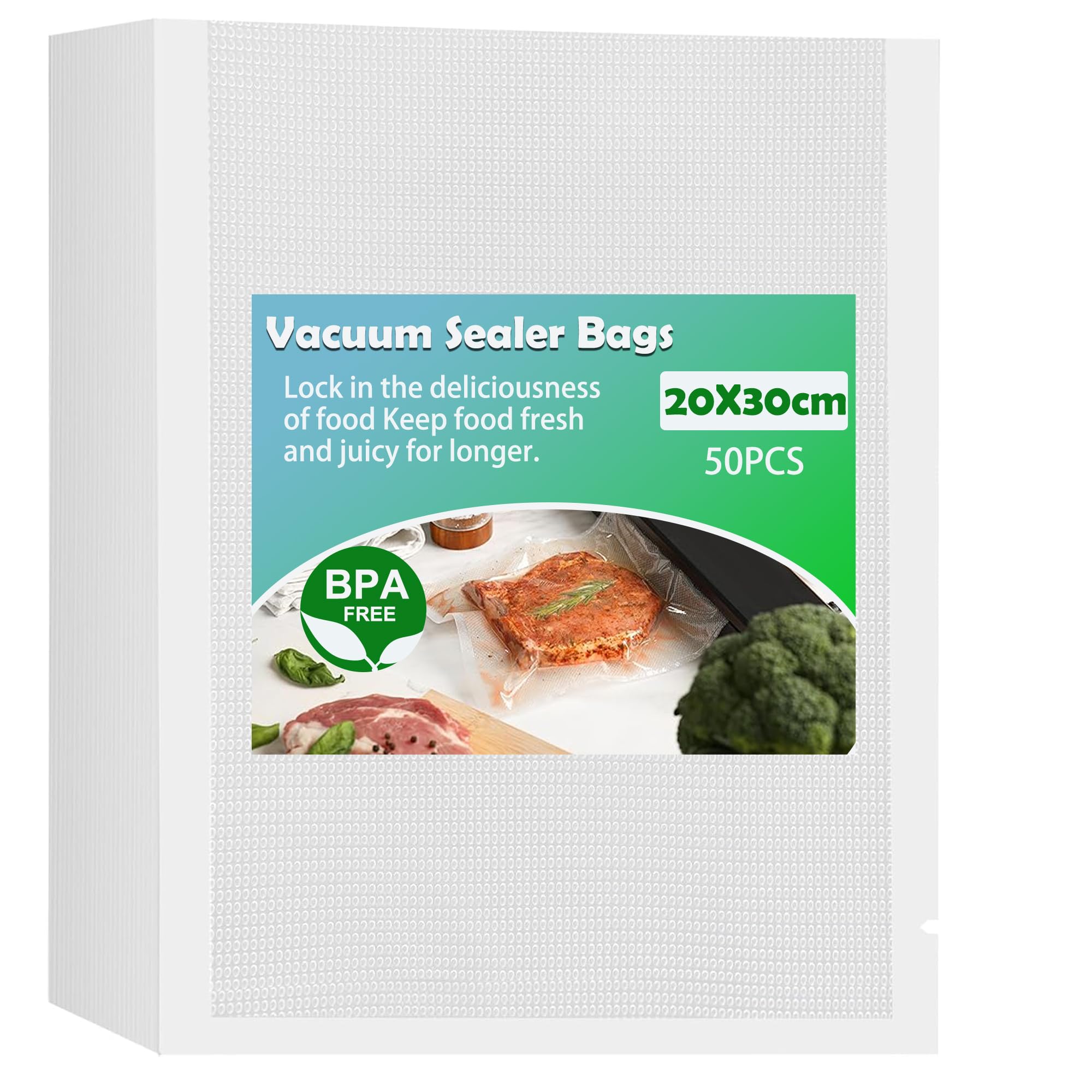 huruirui Vacuum Sealer Bags for Food 20x30cm 50pcs Vacuum Storage Bags Vac Pack Bag BPA Free Heavy Duty Embossed Food Great for Sous Vide PreCut Bag