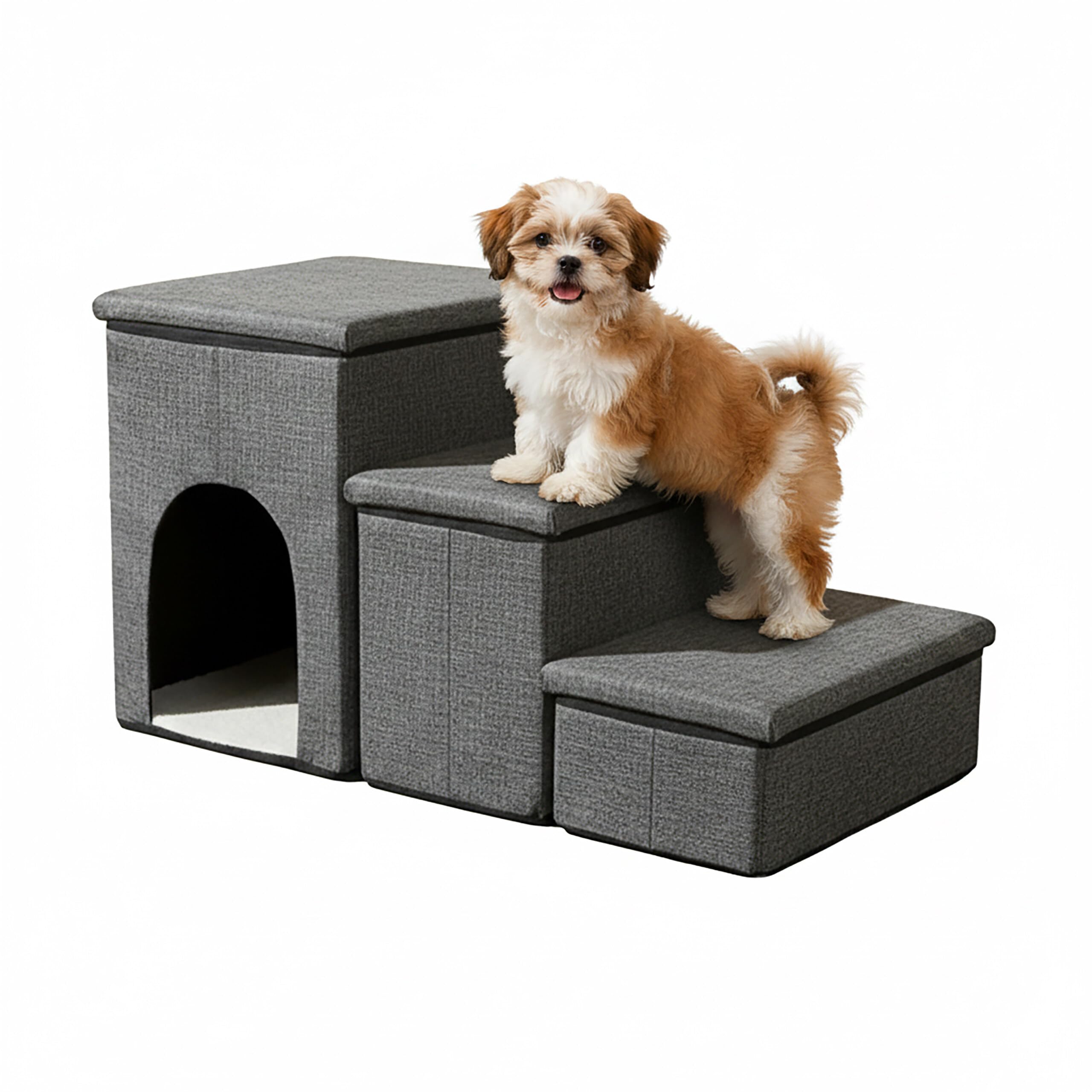 Relaxdays Scaletta per Cani 3 gradini, Cuccia con vano, Pieghevole, Letto/Divano, Grigio Scuro 43x75x33 cm