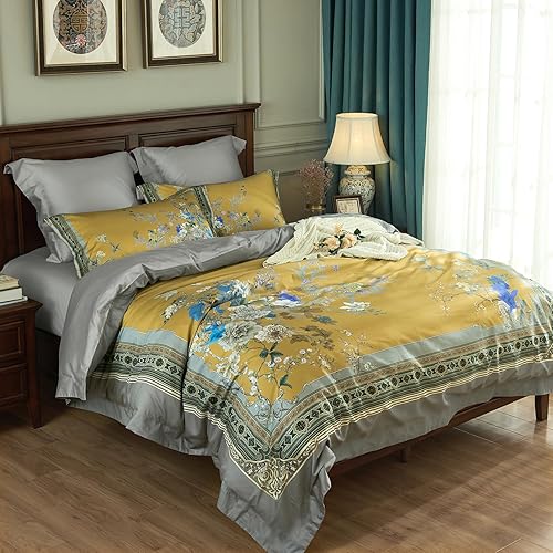Miniatura 8 de mixinni Funda de edredón de algodón con estampado de flores y pájaros, diseño reversible, color azul pavo real, juego de edredón de 3 piezas con