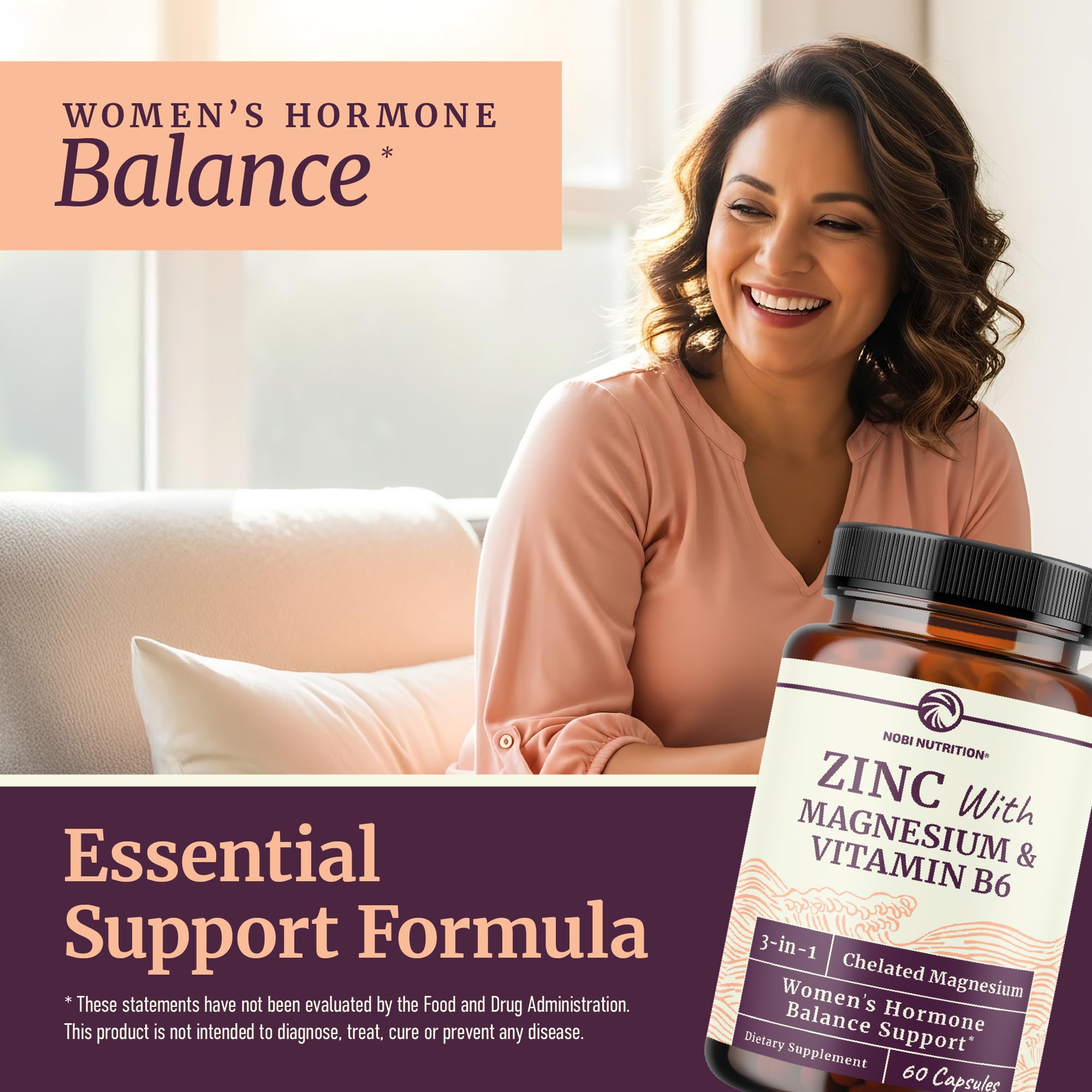 Zinc and Magnesium Supplement with Vitamin B6 | Women’s Hormone Balance, Menstrual Cycle & Immune Support | High Absorption Chelated Magnesium Glycinate with Zinc Picolinate and VIT B6 | 30 Ct.