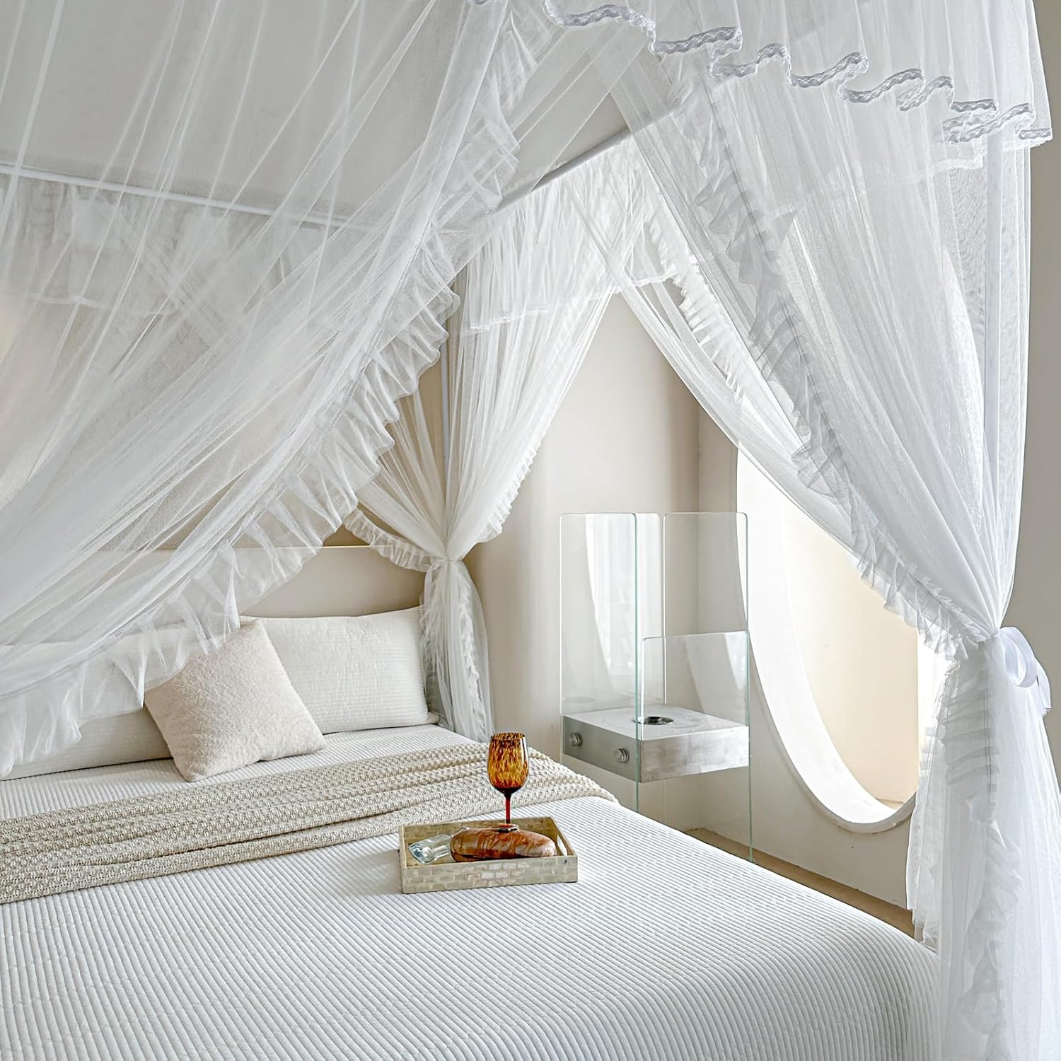AIKASY 4 Corners Post Ruffle Princess Bed Canopy Curtain - Double Layer Cozy Drape Netting with 4 Openings - Elegant Mosquito Net for Girls and Adults Bedroom Decoration (White, Queen)