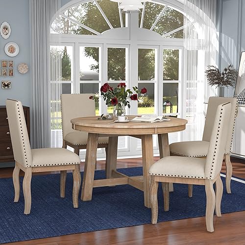 5-Piece Farmhouse Dining Table Set, 42" Wood Round Extendable Dining Table with 4 Upholstered Dining Chairs for Kitchen, Dinning Room and Bar Table (Natural Wood Wash-01)