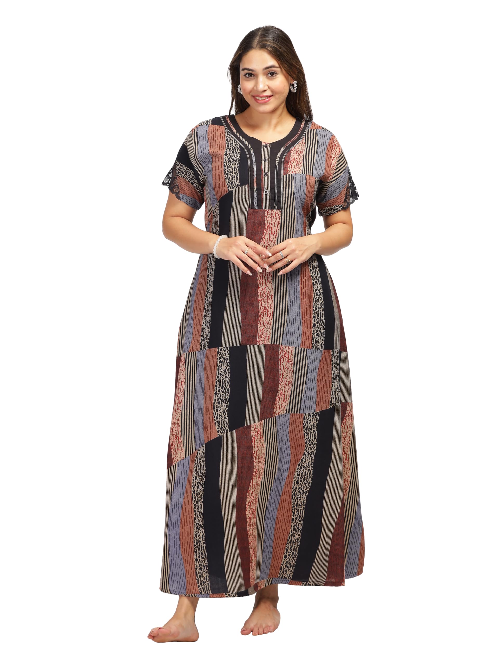 9shines Label Alpine Maxi Designer Nighty | Nightgown | Front Open Button & Pocket On The Right Side (2901)