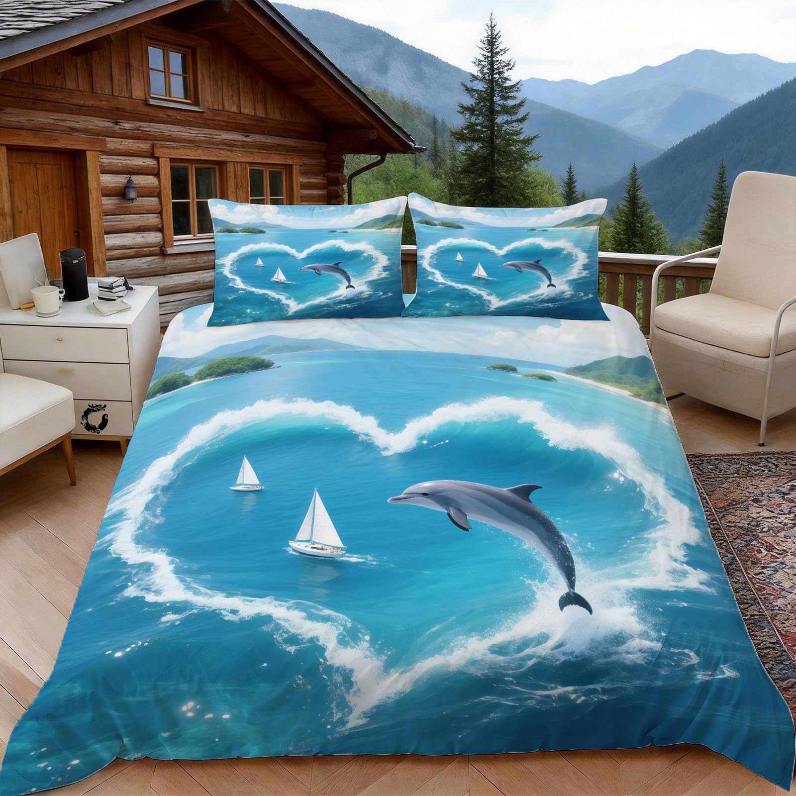 Housse de couette 220x240 dauphin pour lit 2 personnes avec taies