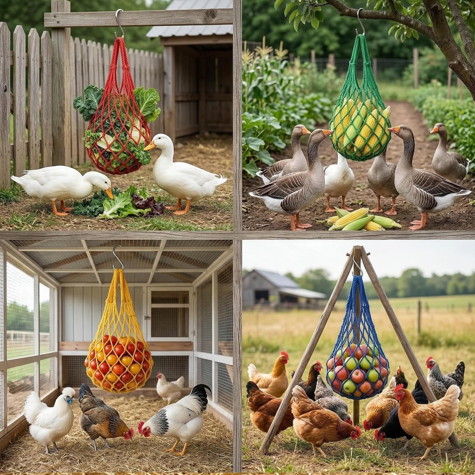 4 bolsas de comida colgantes para gallinas, patos y gansos con ganchos prácticos, accesorios y juguetes para aves de corral — view 6