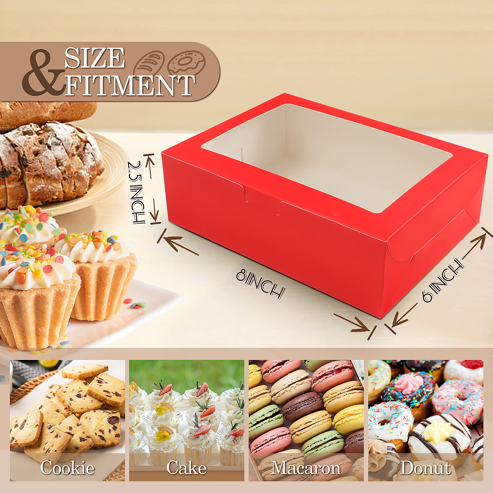 KPOSIYA 65 cajas de galletas de 8 x 6 x 2.5 pulgadas con ventana, cajas de panadería rojas para regalo, golosinas, postres, cupcakes, chocolate, fresas, donas, magdalenas (5 ventanas de estilo)