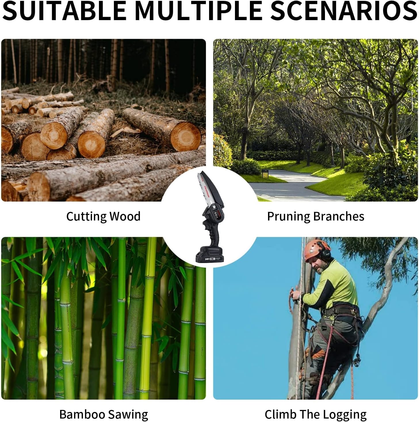 Mini Cordless Chainsaw 6 Inch, 2024 New 6+4 Inch Chain Length Switch Design Electric Power Chainsaw with 2 Packs 24V Li-on Battery and Quick Charger