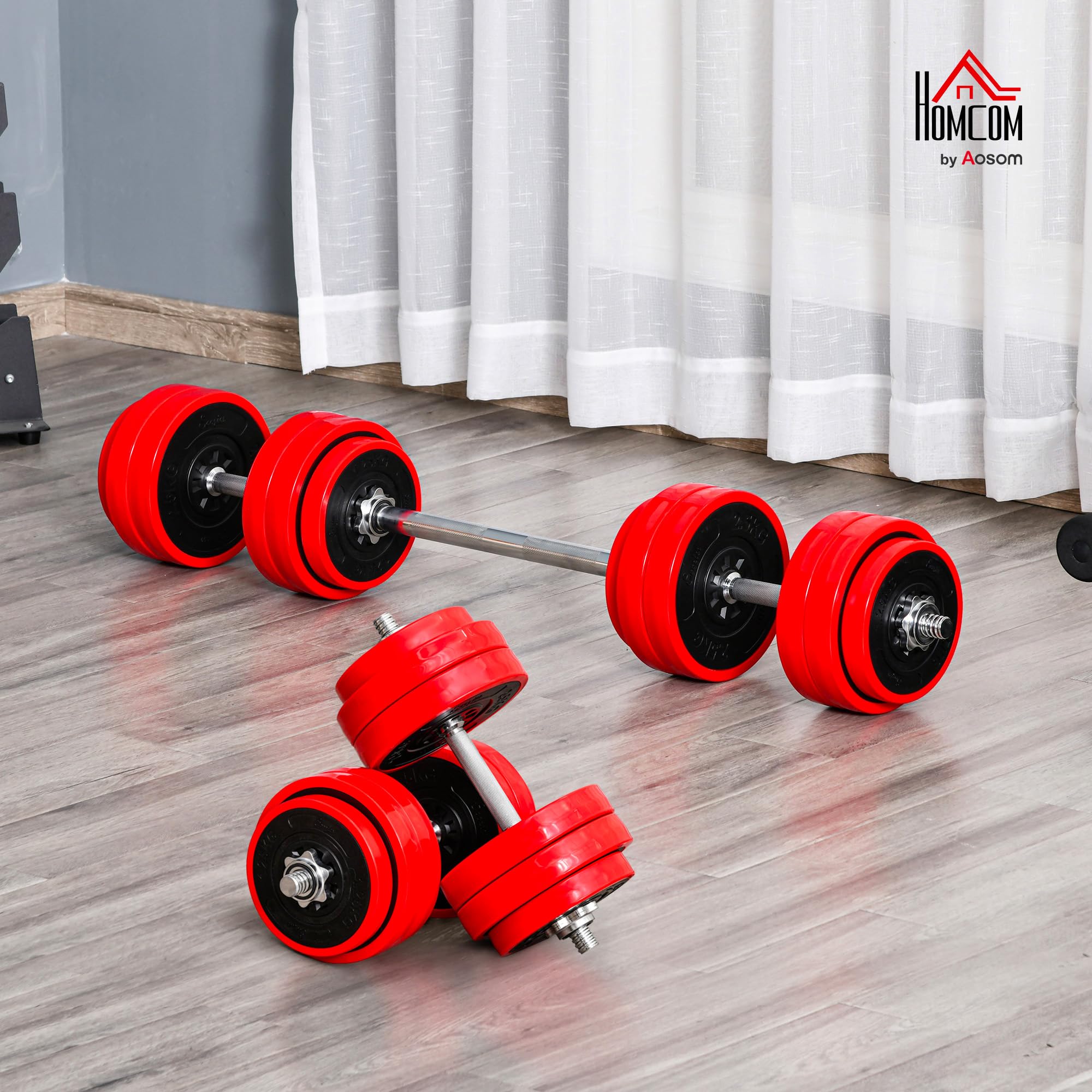 HOMCOM Hantelset 20/30 KG 2-IN-1 Hanteln&Langhanteln verstellbar Gewichtheben für Zuhause Fitness Muskel Rot+Schwarz