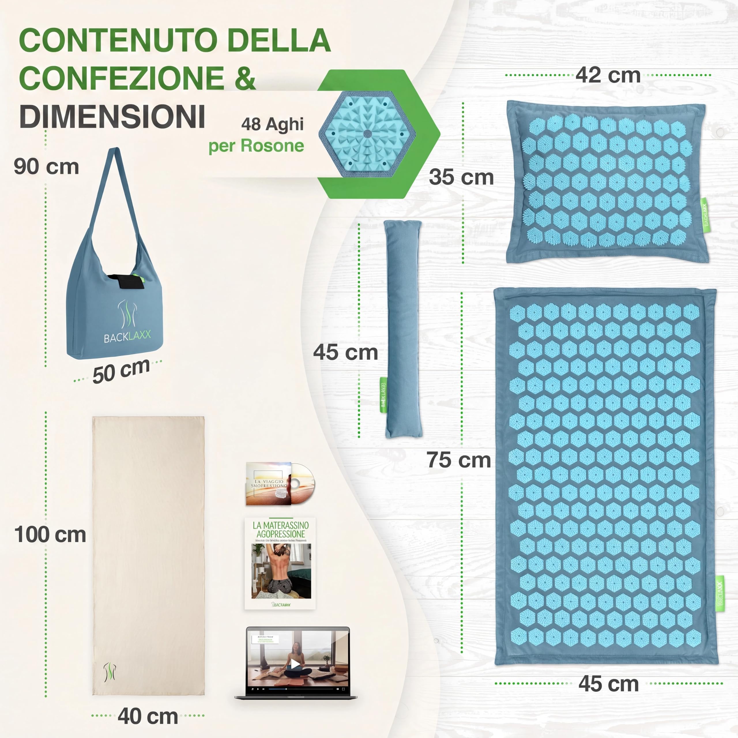 BACKLAXX® Tappetino Agopressione con Cuscino, Tappeto Agopressione Schiena | Set tappetino massaggiante: cuscino, panno, cuscino lombare, borsa, tappetino digitopressione in mezzo lino