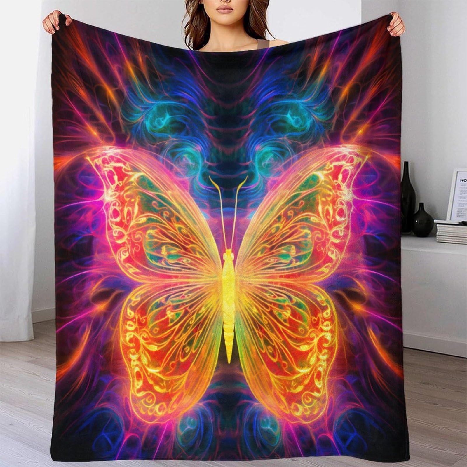 Retro Farfalla neon Coperta in Flanella Con Stampa 3D Peluche Coperte Caldo Morbida Per Ragazzi Adulti Coperta Termica ，per Divano Letto Tutte Le Stagioni 70x80inch(180x200cm)