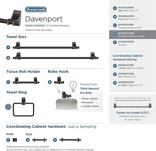 Miniatura 4 de Amerock BH36052ORB  Toallero de bronce aceitado  Toallero de 5-14 pulgadas (5.236 in) de longitud  Davenport  Toallero de mano para pared de baño