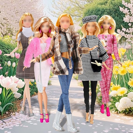 17 Pcs Doll Clothes, 11.5 Inch Fashion Pack 5 Set Accessories Retro Brown Coat Houndstooth Skirt Pink Fashionable Suit Evening Gown Set New Dress 5 Shoes 4 Bags 2 Hats 1 Scarf