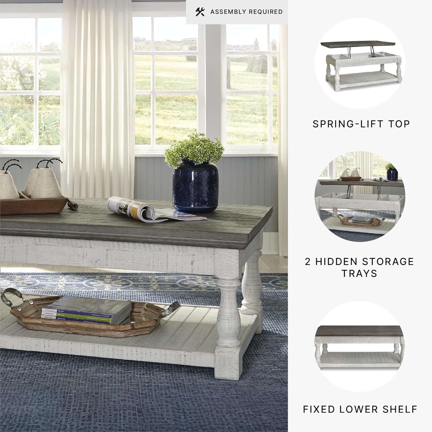 Signature Design by Ashley Havalance Farmhouse Lift Top Coffee Table with Fixed Shelf and 2 Hidden Storage Trays, Gray & White with Weathered Finish