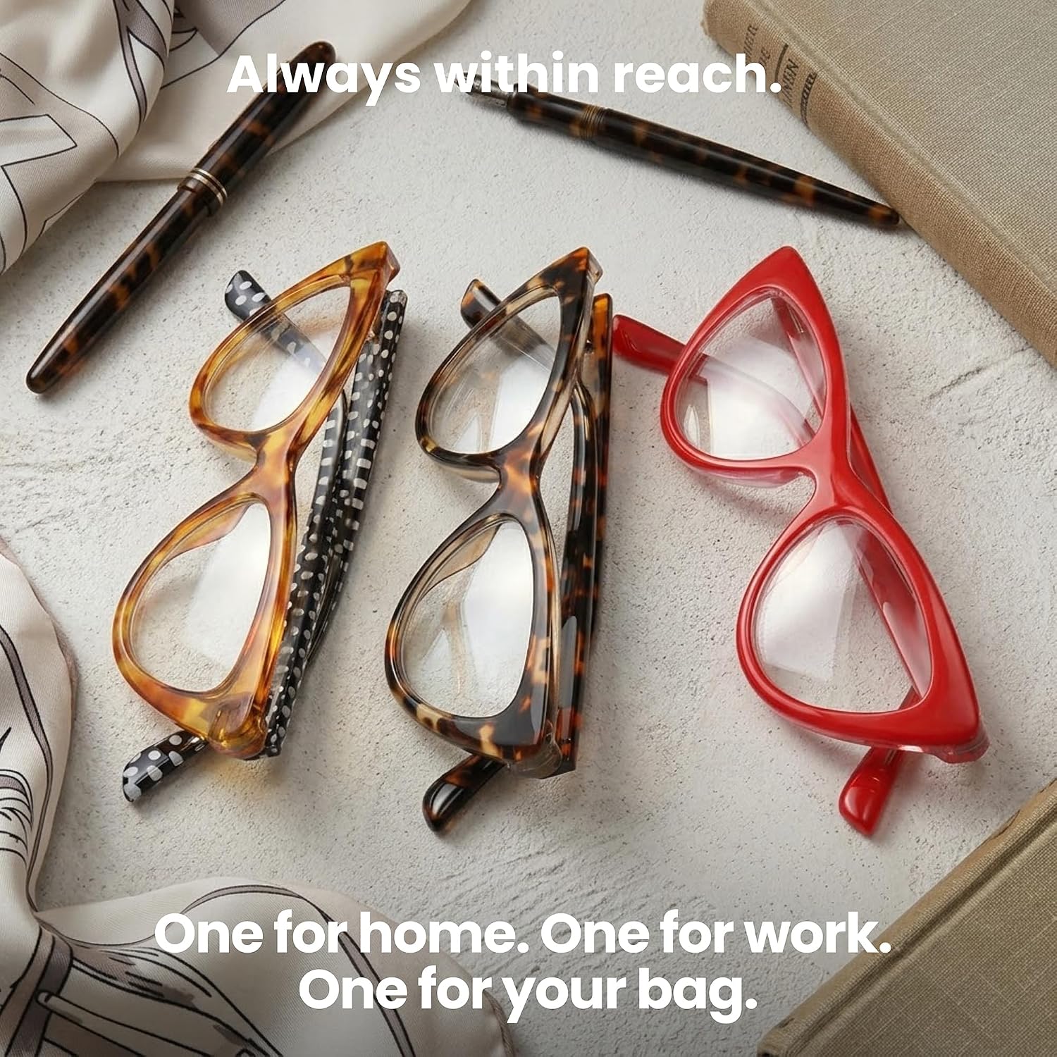 2SeeLife 3-Pack Premium Cat Eye TR-90 Reading Glasses for Women – Narrow–Medium Fit, Sturdy Frame, Spring Hinges, Stylish Readers, Honey Yellow, Red, Brown Tortoise, +1.00